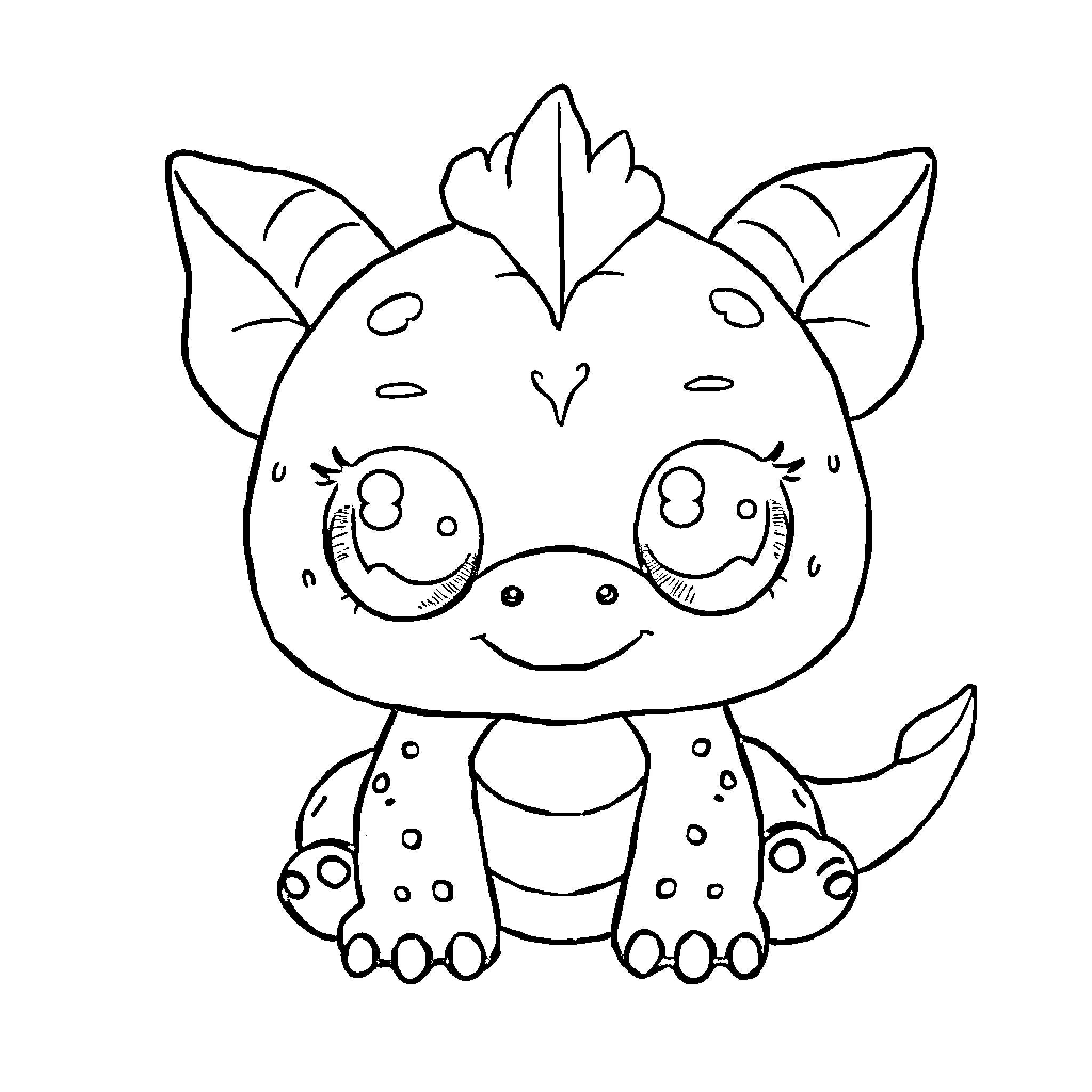 Dragon-like creature with adorable expression Coloring Page (free black-and-white line drawing printable PDF for all, from beginners to advanced learners, including children, teens, adults, and seniors)