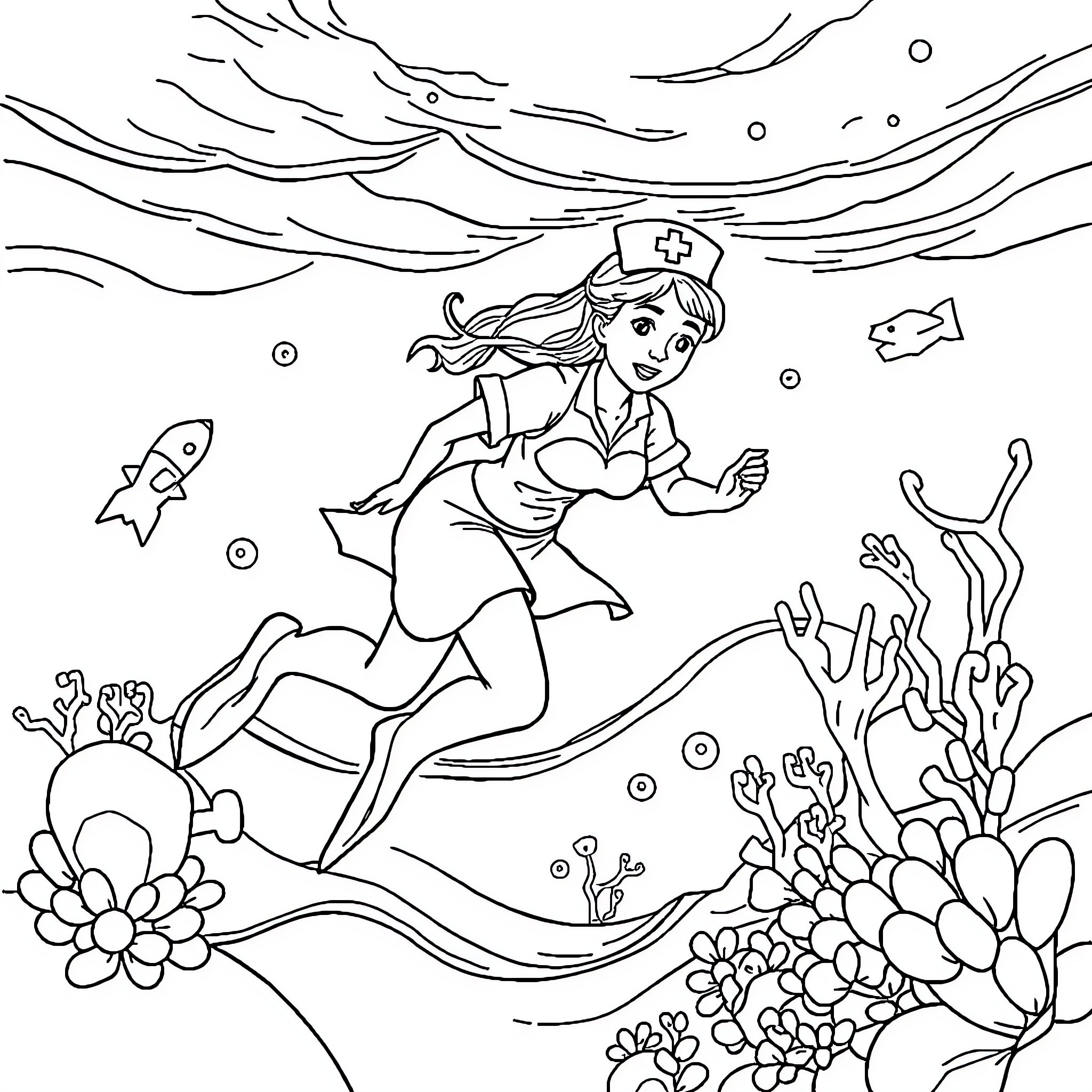 Nurse swimming underwater with marine life Coloring Page (free black-and-white line drawing printable PDF for all, from beginners to advanced learners, including children, teens, adults, and seniors)