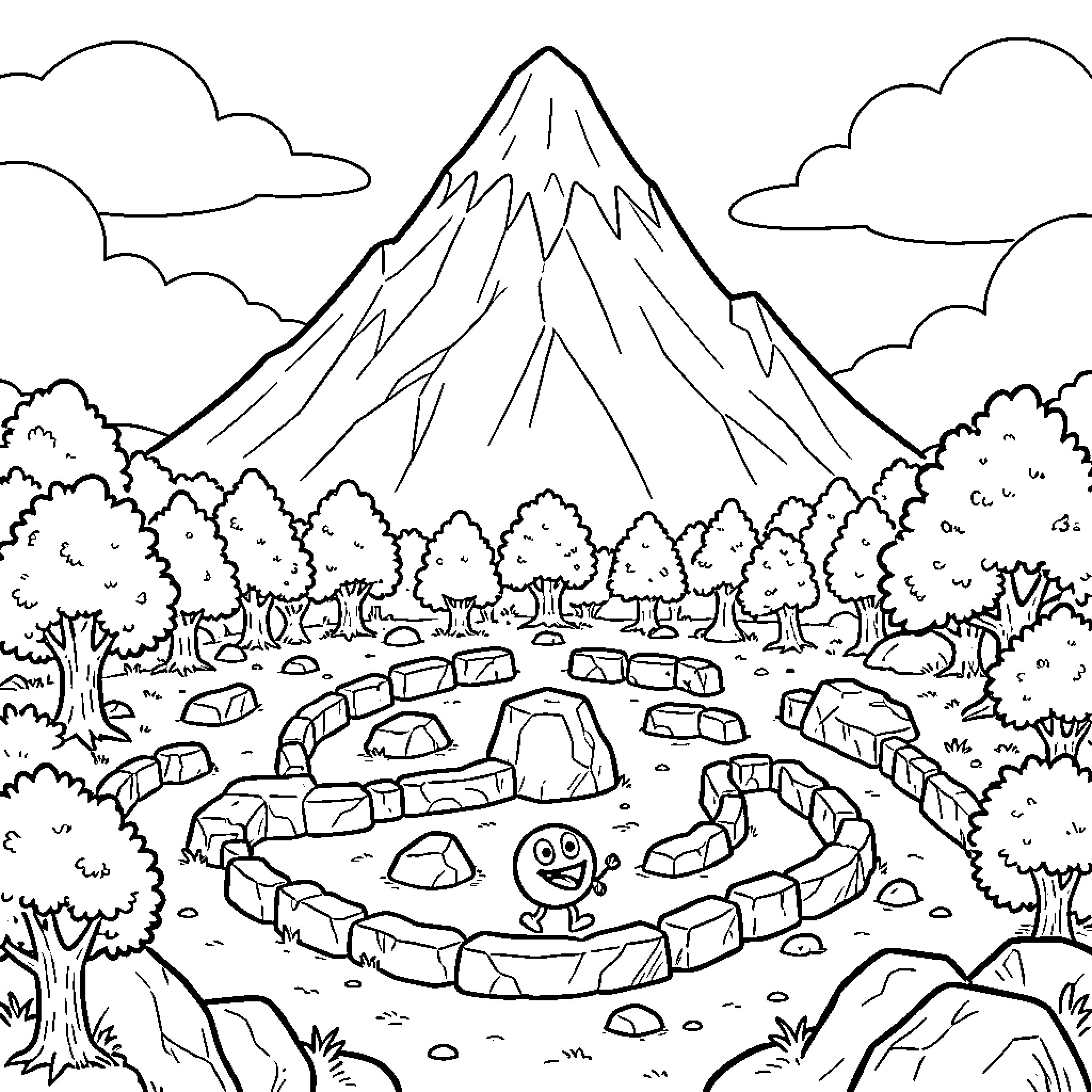 Pacman standing joyfully in a landscape of mountains and trees Coloring Page (free black-and-white line drawing printable PDF for all, from beginners to advanced learners, including children, teens, adults, and seniors)