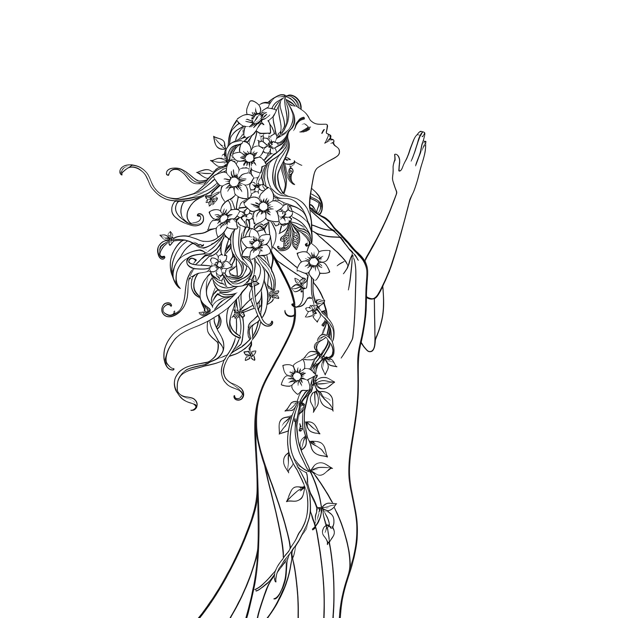 Woman in floral dress with flowing hair Coloring Page (free black-and-white line drawing printable PDF for all, from beginners to advanced learners, including children, teens, adults, and seniors)