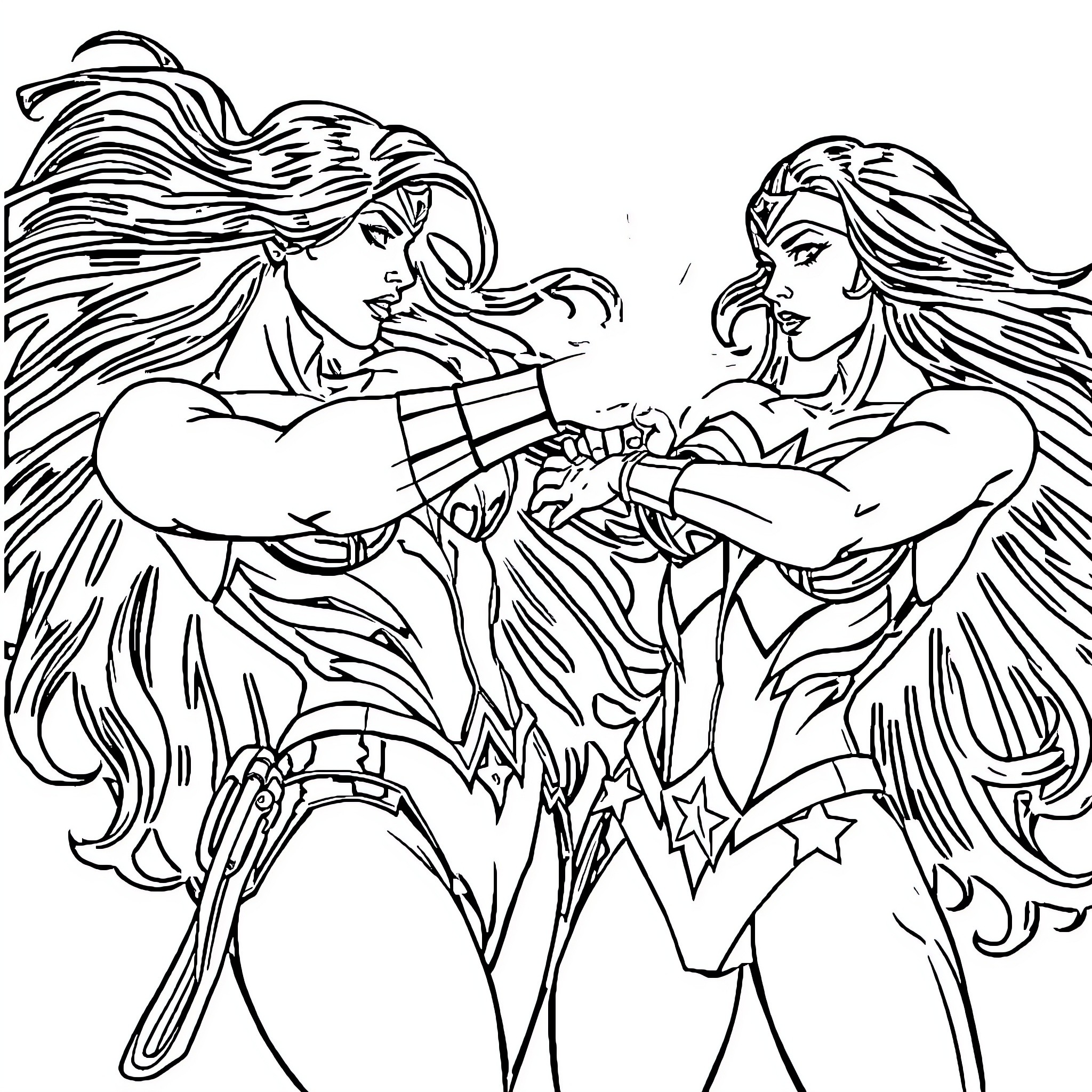 Wonder Woman Fighting with Fierce Determination Coloring Page (free black-and-white line drawing printable PDF for all, from beginners to advanced learners, including children, teens, adults, and seniors)