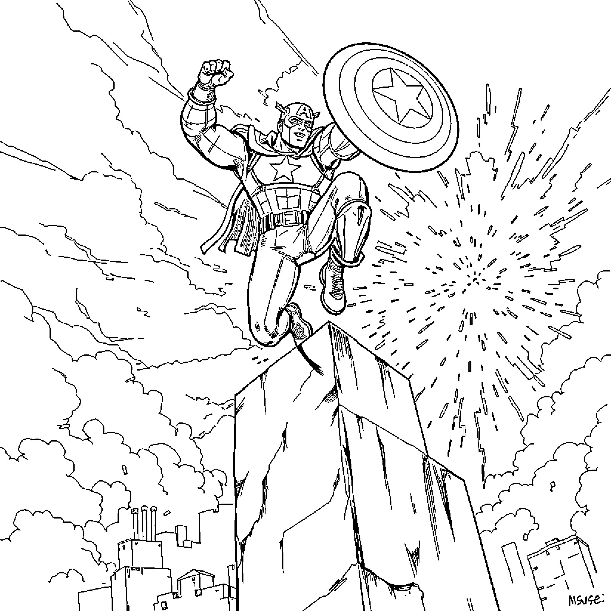 Captain America Heroically Leaping into Action Coloring Page (free black-and-white line drawing printable PDF for all, from beginners to advanced learners, including children, teens, adults, and seniors)