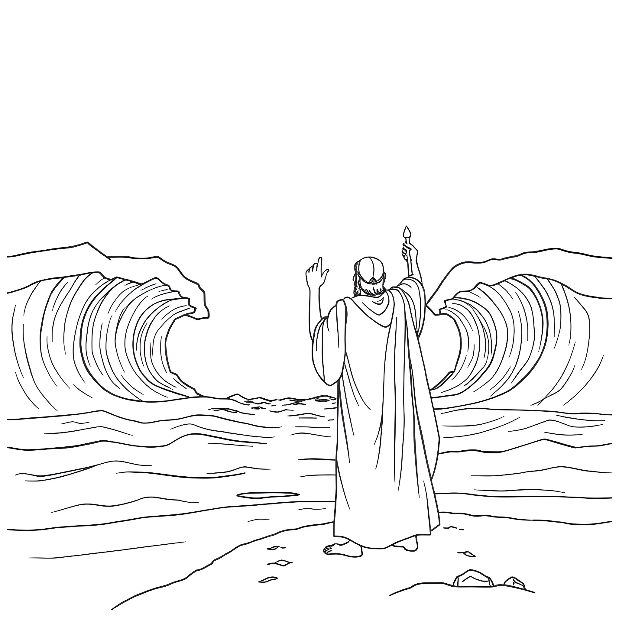 Moses parting the sea with dramatic waves Coloring Page (free black-and-white line drawing printable PDF for all, from beginners to advanced learners, including children, teens, adults, and seniors)
