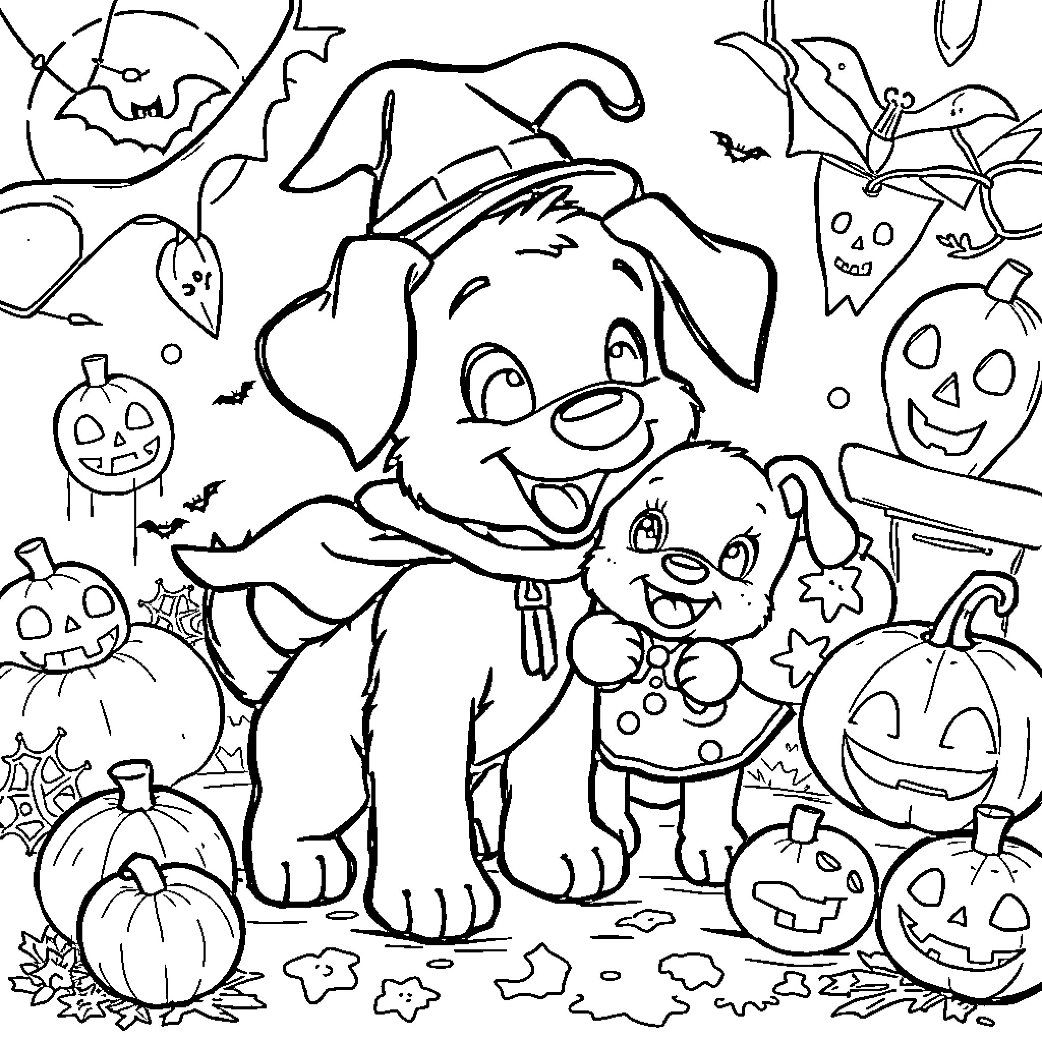 Bluey's Halloween Adventure with Pumpkins and Friends Coloring Page (free black-and-white line drawing printable PDF for all, from beginners to advanced learners, including children, teens, adults, and seniors)