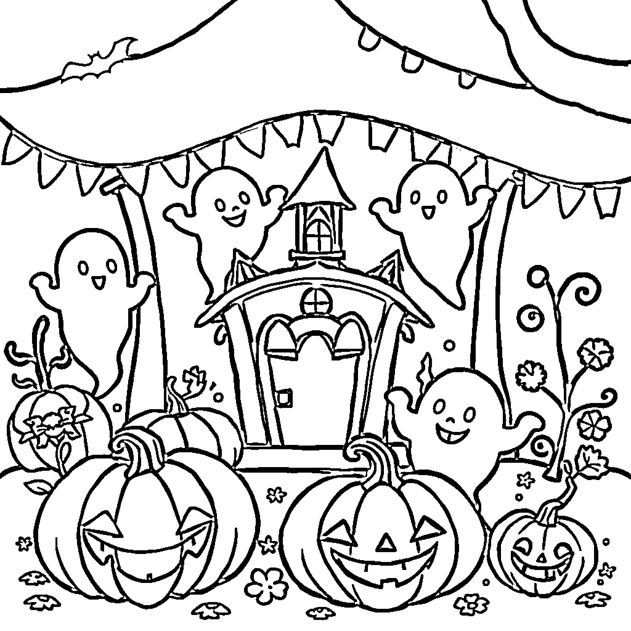 Halloween Ghosts and Jack-o'-lanterns Celebrating in a Haunted House Coloring Page (free black-and-white line drawing printable PDF for all, from beginners to advanced learners, including children, teens, adults, and seniors)