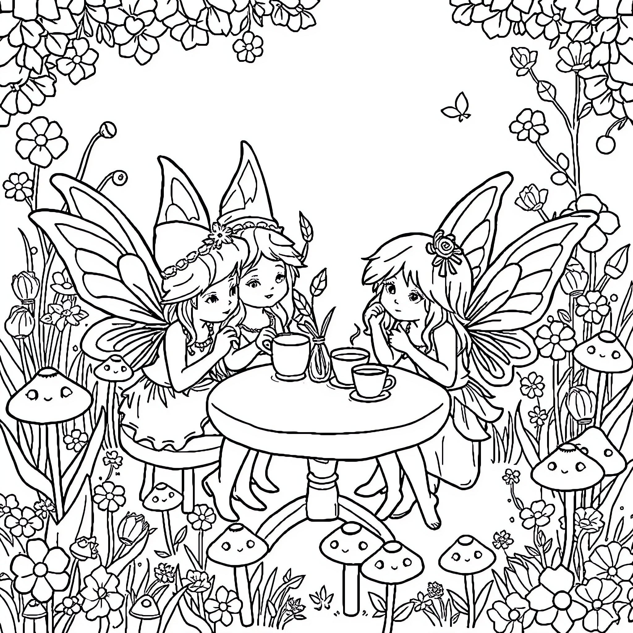 Fairy Tea Party in the Enchanted Forest Coloring Page (free black-and-white line drawing printable PDF for all, from beginners to advanced learners, including children, teens, adults, and seniors)