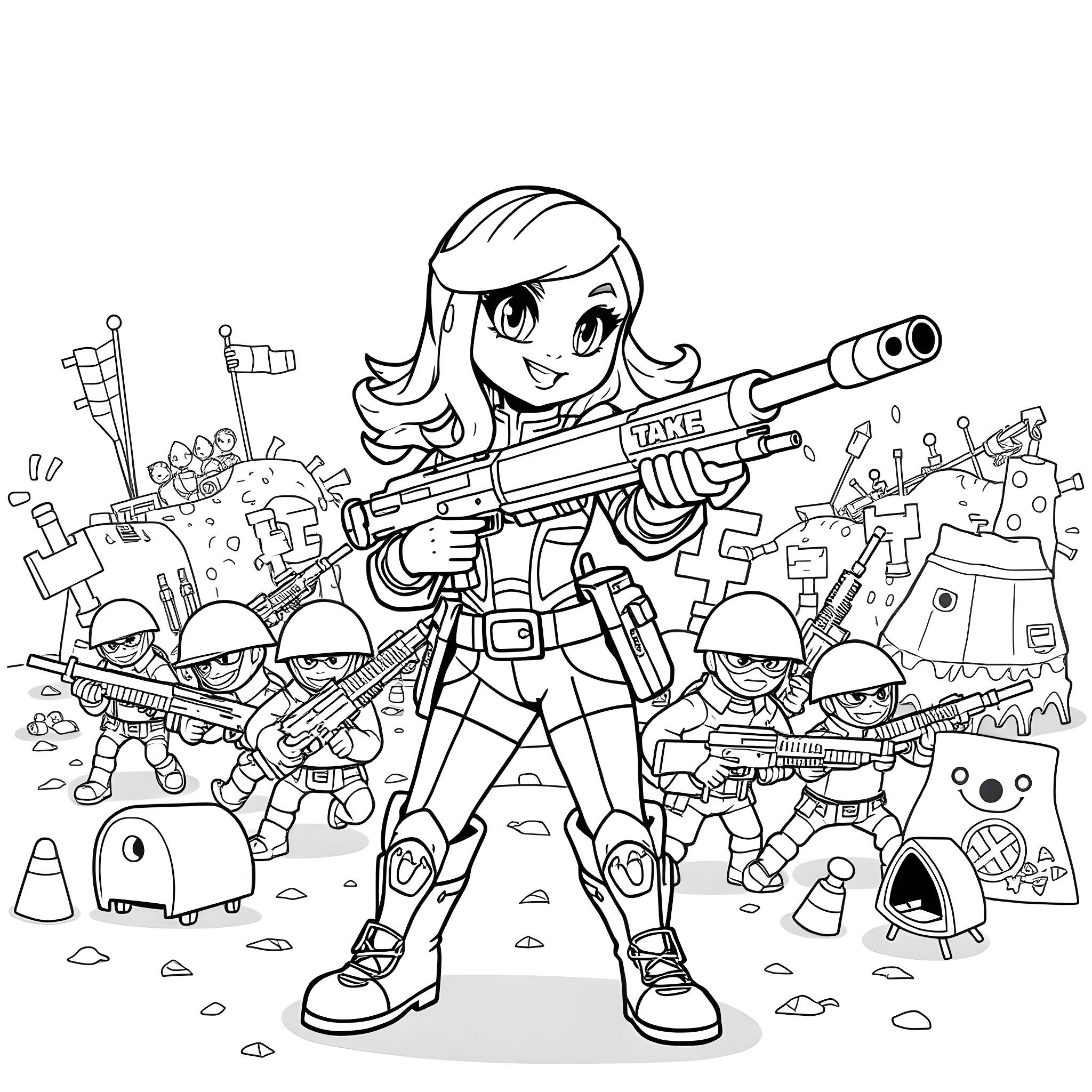 Trixie Mattel battles against toy weapons and monsters Coloring Page (free black-and-white line drawing printable PDF for all, from beginners to advanced learners, including children, teens, adults, and seniors)