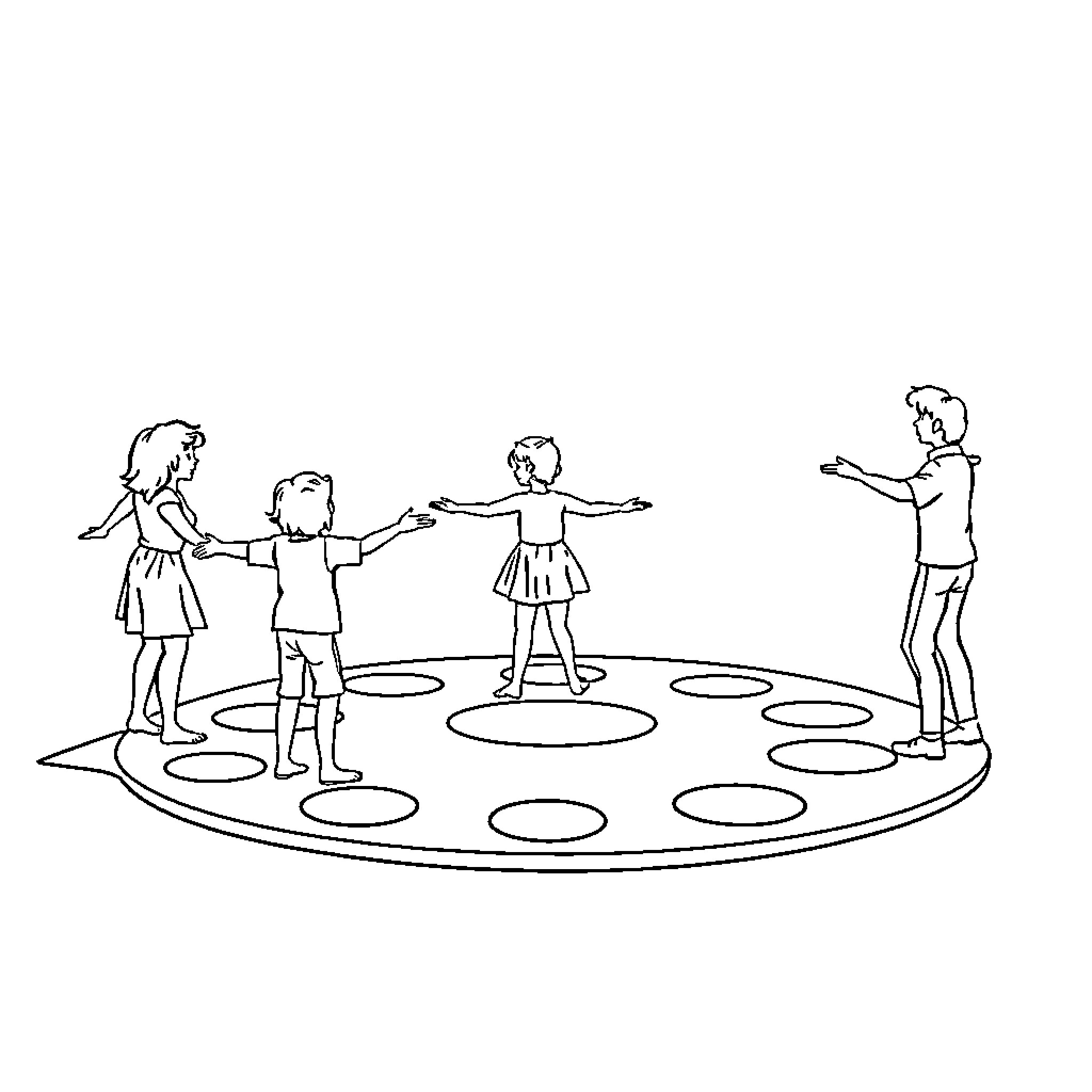 Twister game with children playing happily Coloring Page (free black-and-white line drawing printable PDF for all, from beginners to advanced learners, including children, teens, adults, and seniors)