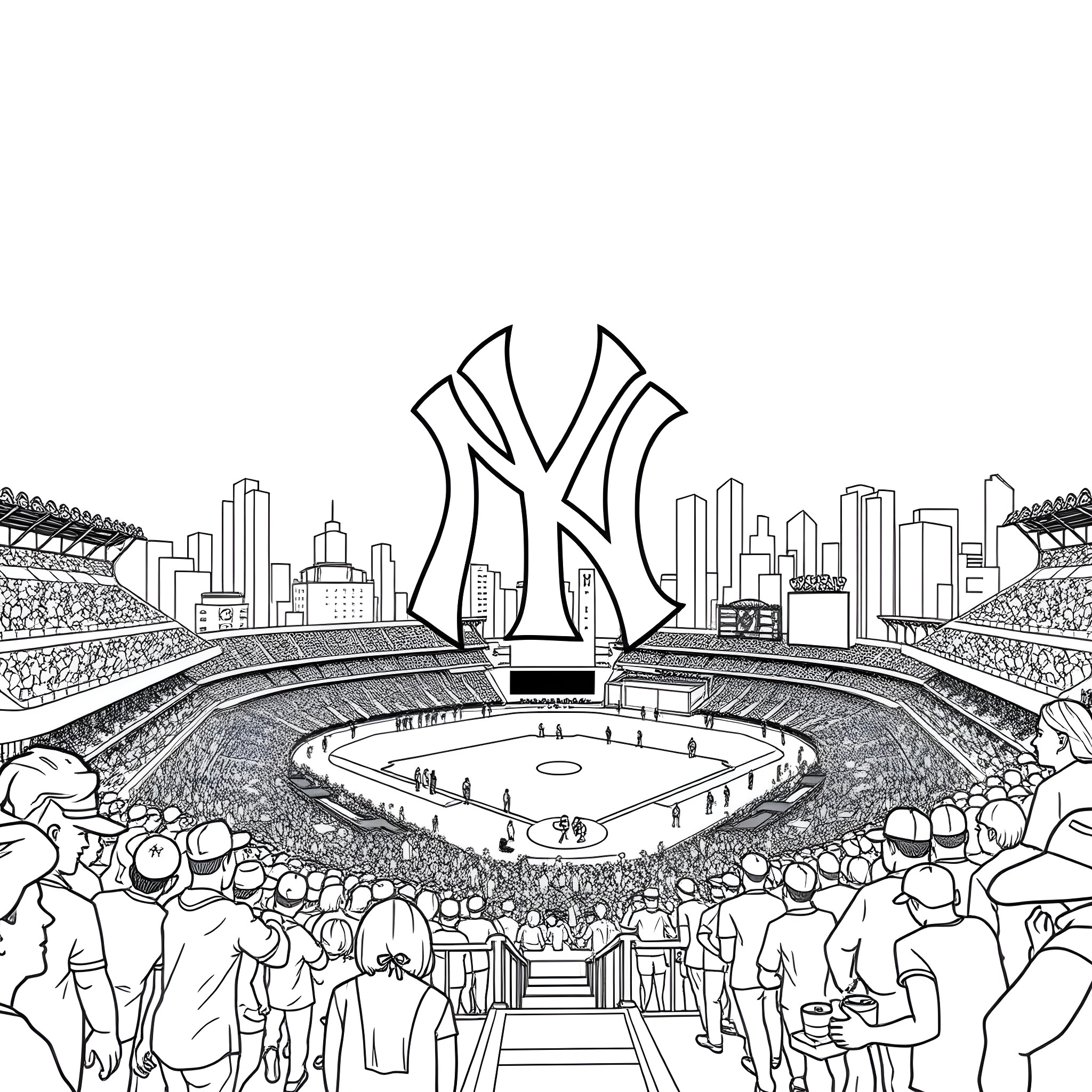 New York Yankees Fans Cheering at the Stadium Coloring Page (free black-and-white line drawing printable PDF for all, from beginners to advanced learners, including children, teens, adults, and seniors)