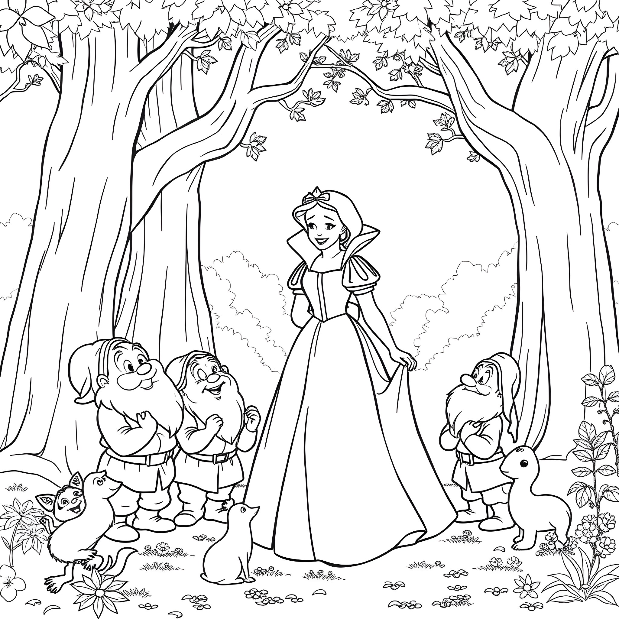 Dwarf princess in a magical forest Coloring Page (free black-and-white line drawing printable PDF for all, from beginners to advanced learners, including children, teens, adults, and seniors)