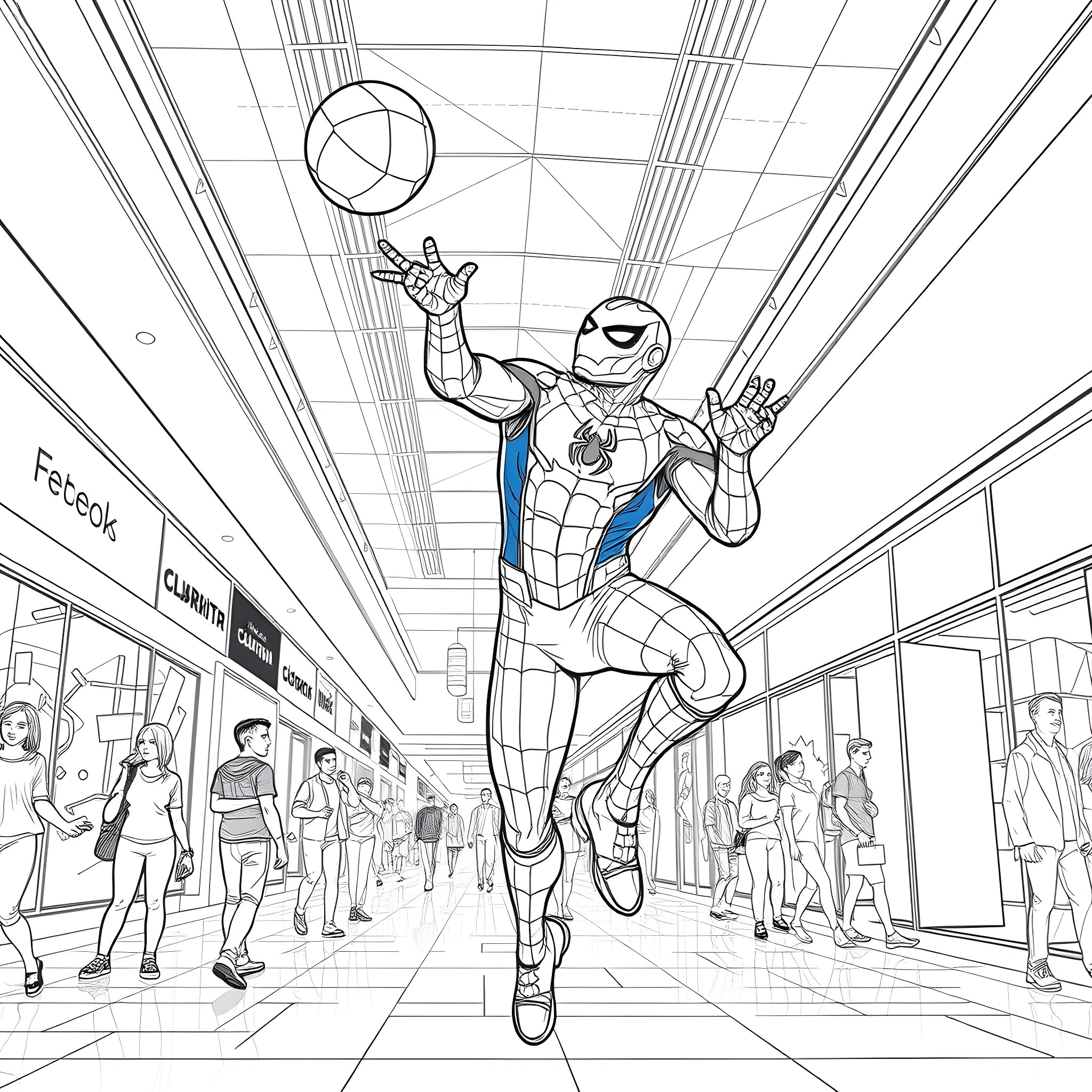 Spiderman swinging through a busy city street Coloring Page (free black-and-white line drawing printable PDF for all, from beginners to advanced learners, including children, teens, adults, and seniors)