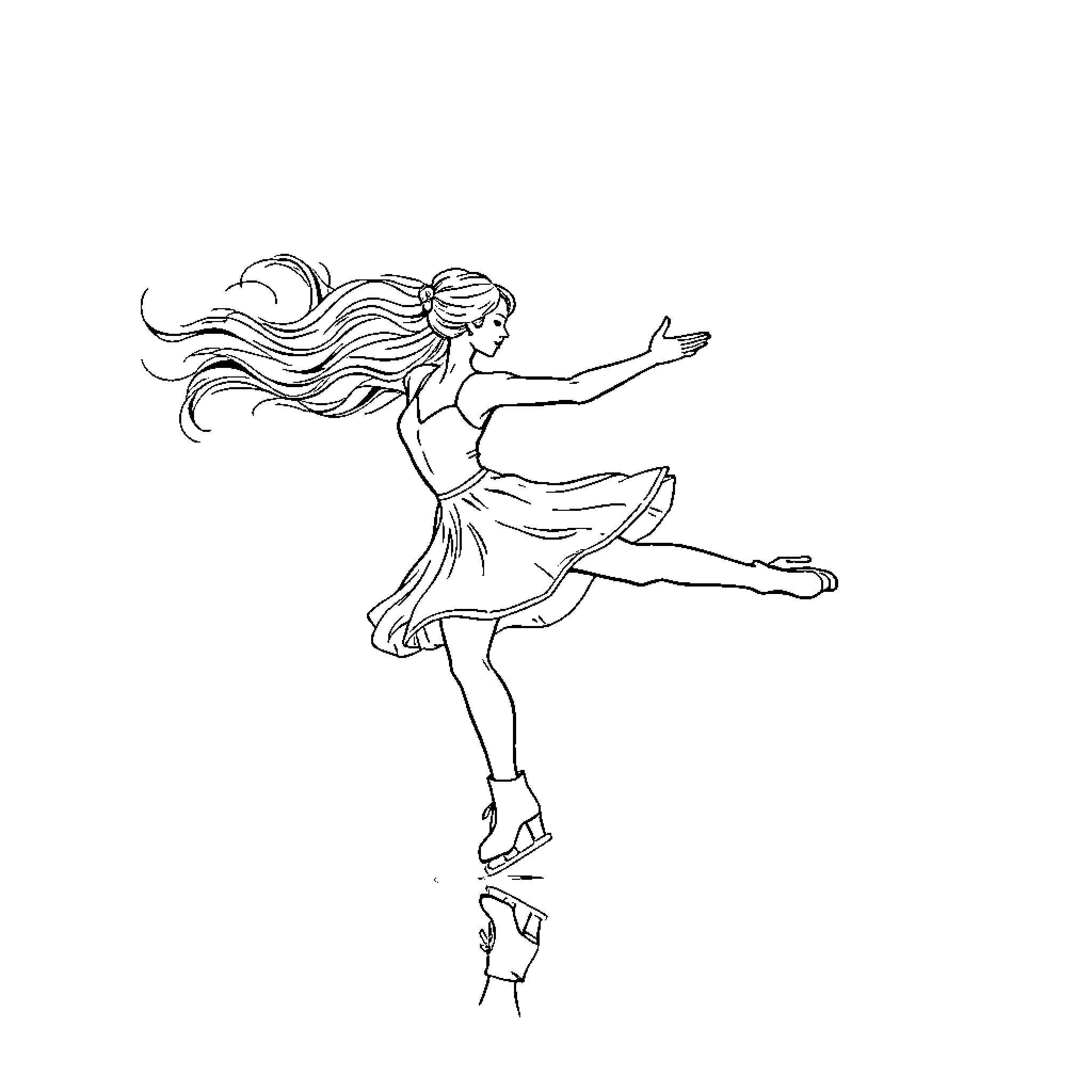 Figure Skater Performing Graceful Aerial Maneuver Coloring Page (free black-and-white line drawing printable PDF for all, from beginners to advanced learners, including children, teens, adults, and seniors)