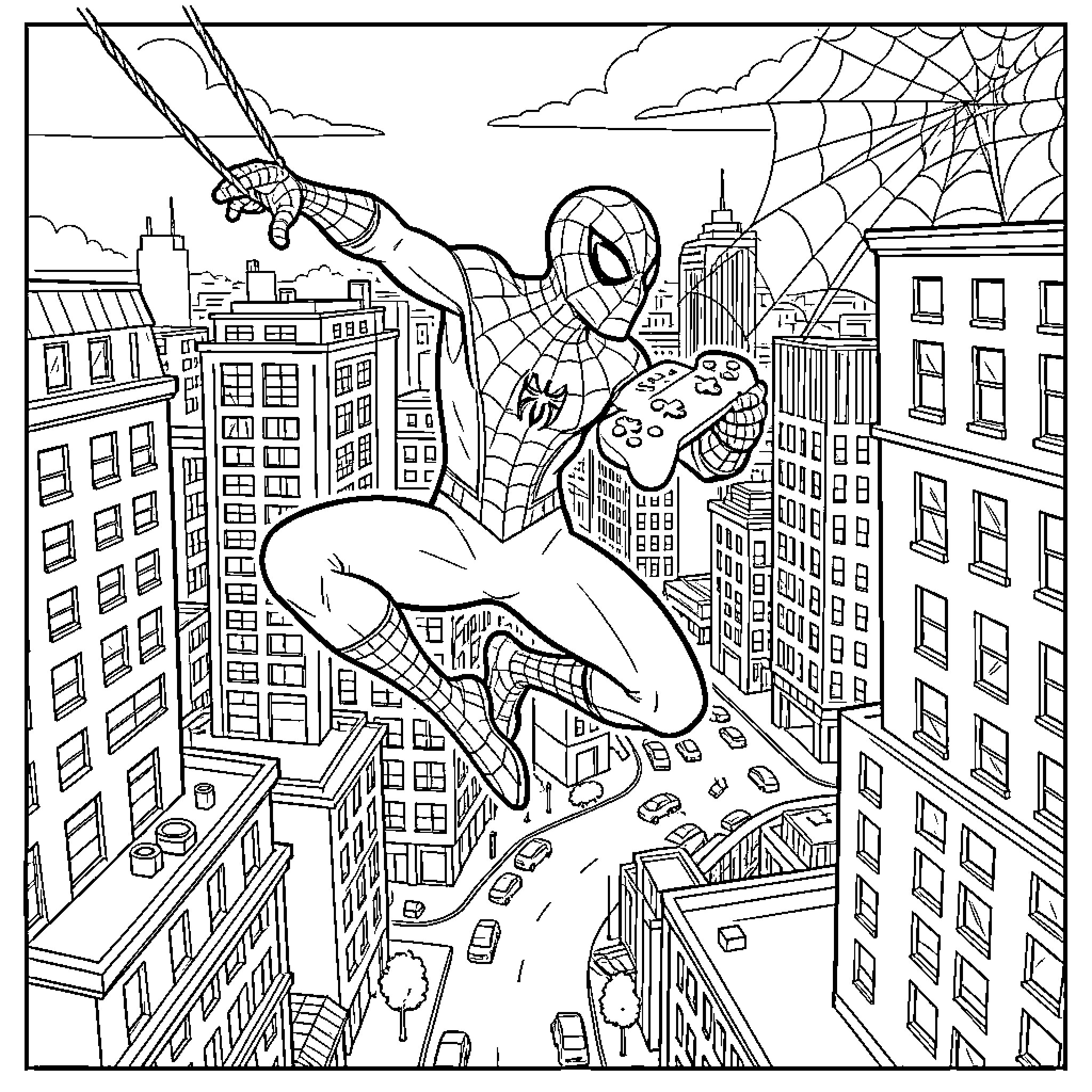 Spider-Man swinging through the city holding a game controller Coloring Page (free black-and-white line drawing printable PDF for all, from beginners to advanced learners, including children, teens, adults, and seniors)