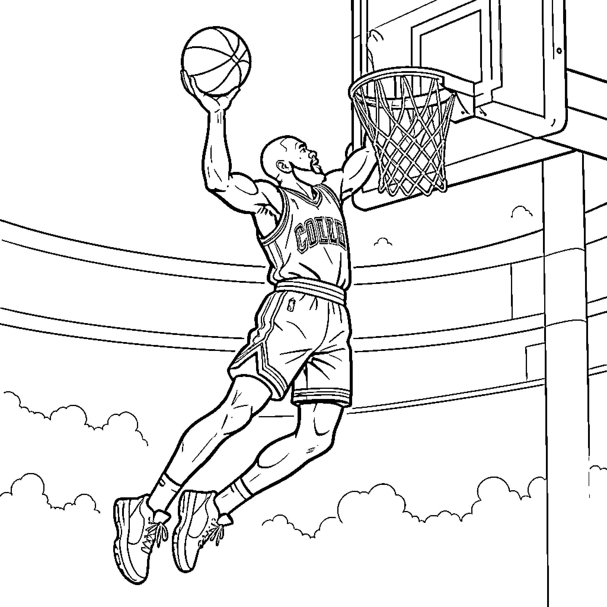 Michael Jordan performing a powerful slam dunk Coloring Page (free black-and-white line drawing printable PDF for all, from beginners to advanced learners, including children, teens, adults, and seniors)