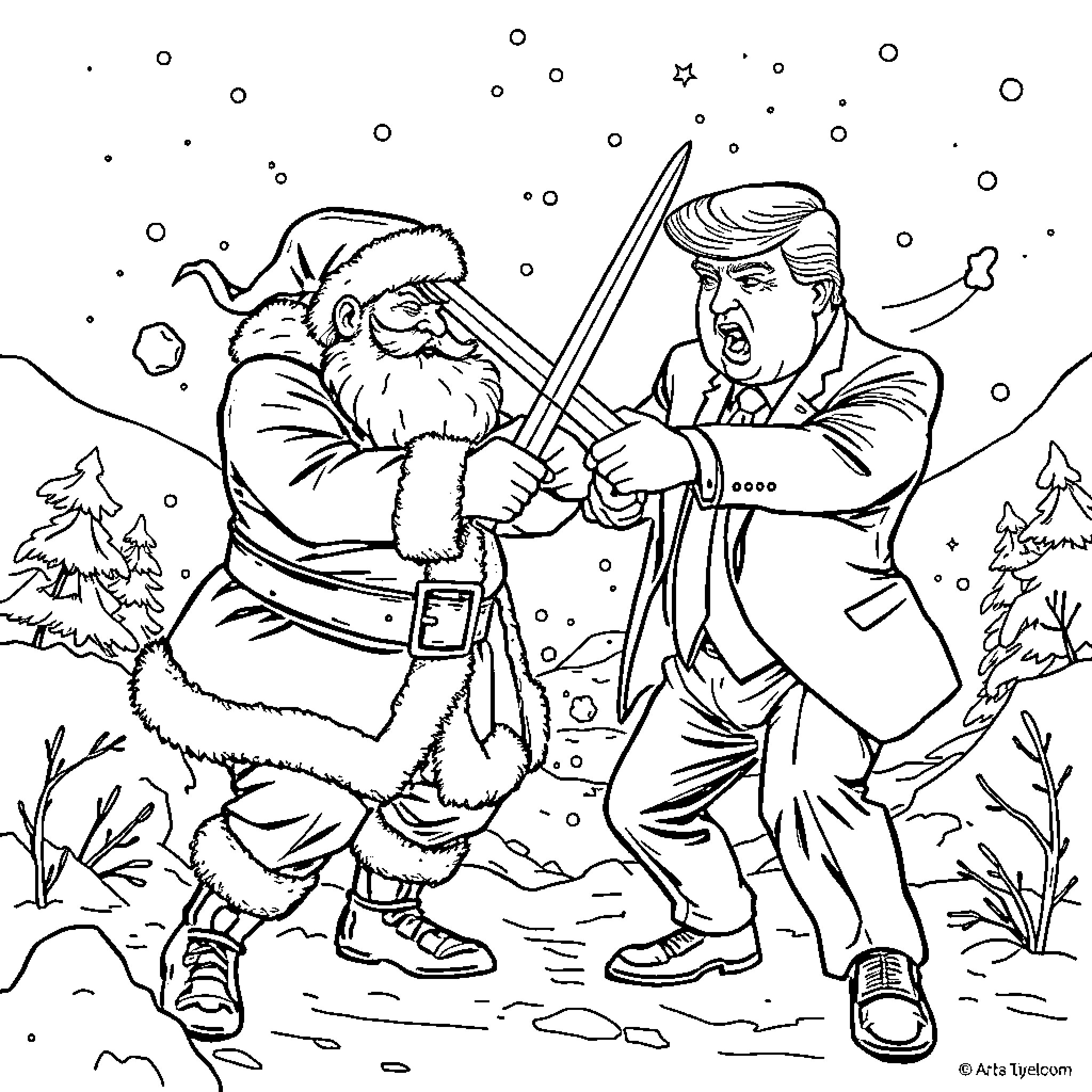 Santa Claus in a Sword Fight with Trump in the Snow Coloring Page (free black-and-white line drawing printable PDF for all, from beginners to advanced learners, including children, teens, adults, and seniors)