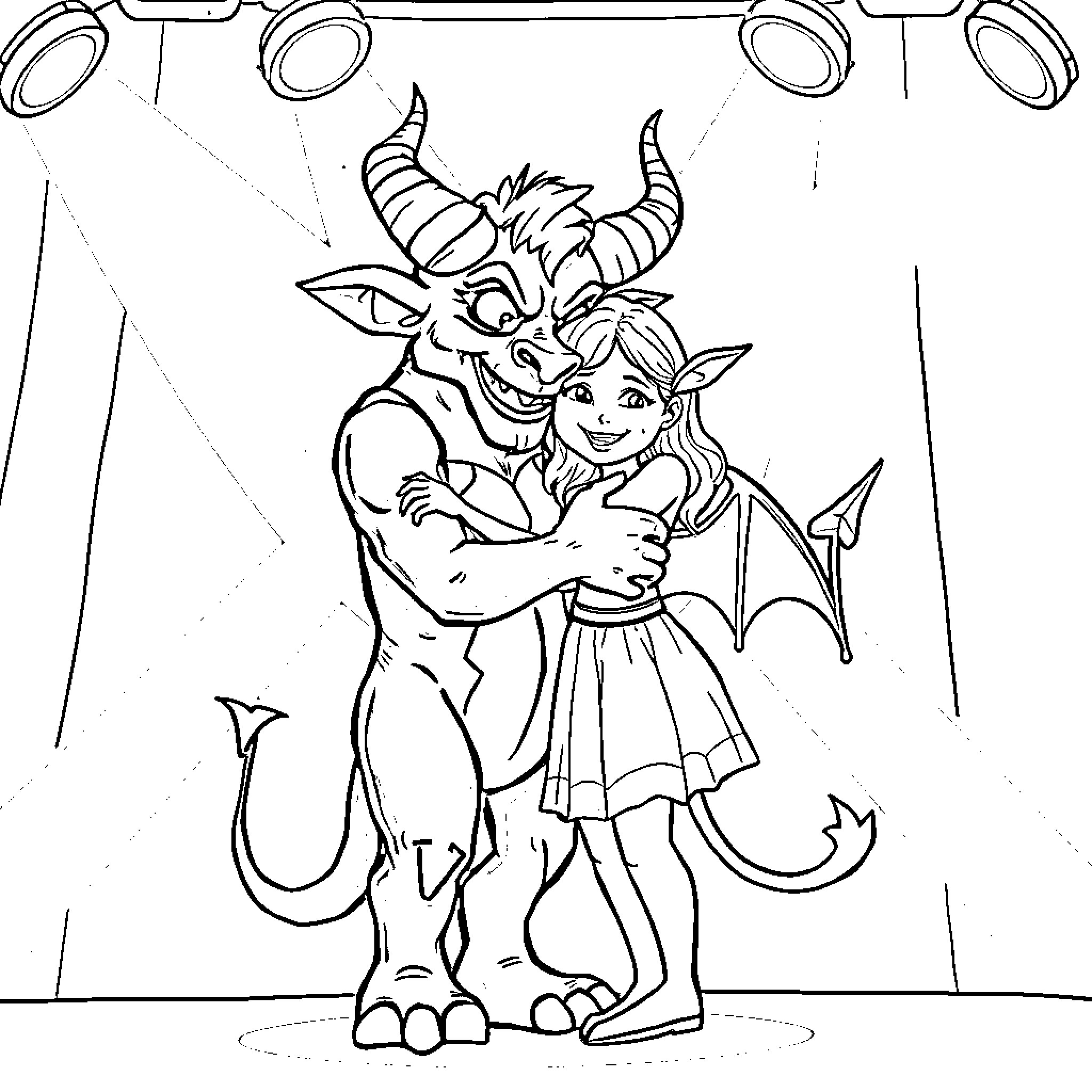 Zoey's Playful Adventure with a Magical Creature Coloring Page (free black-and-white line drawing printable PDF for all, from beginners to advanced learners, including children, teens, adults, and seniors)