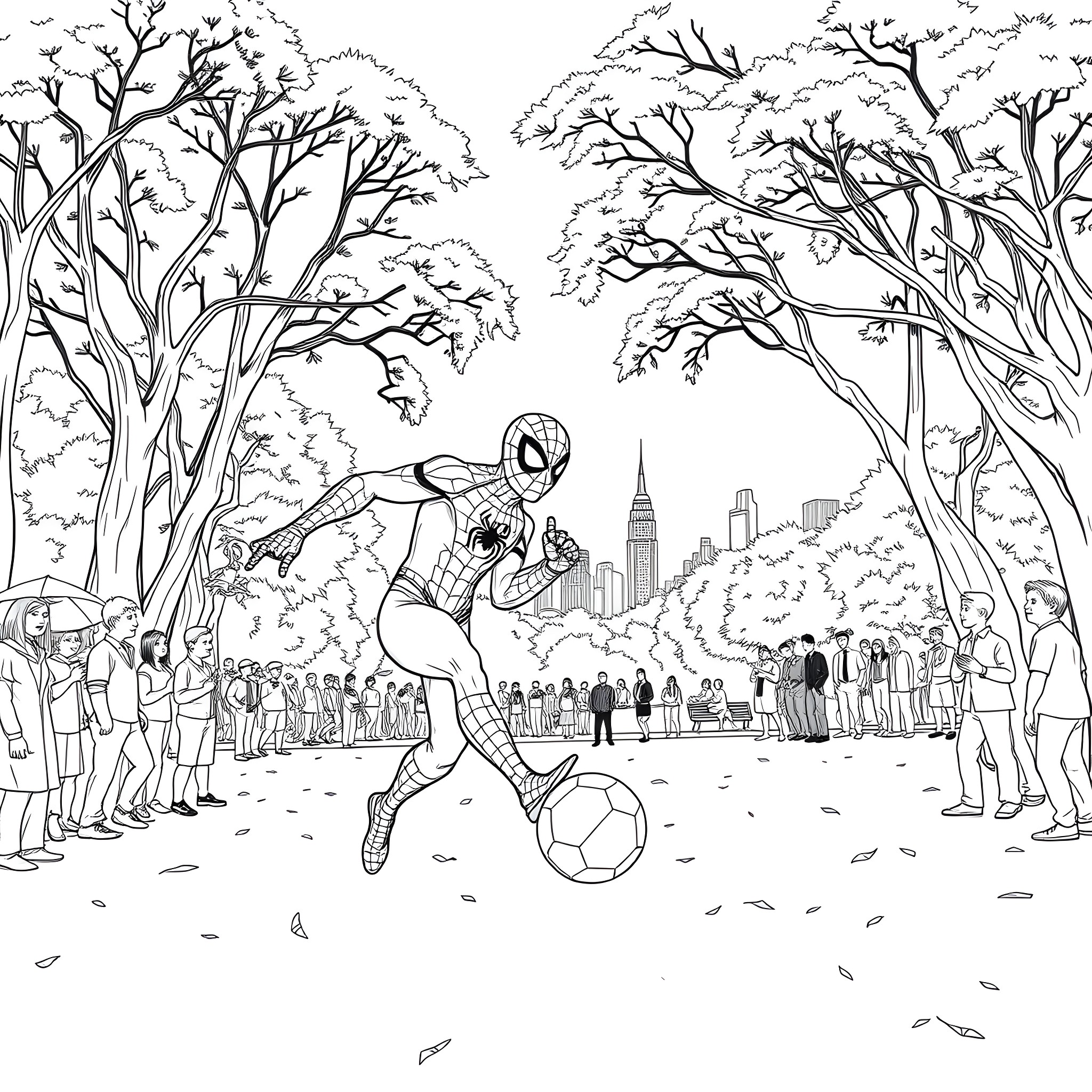 Spider-Man playing soccer in the park with spectators Coloring Page (free black-and-white line drawing printable PDF for all, from beginners to advanced learners, including children, teens, adults, and seniors)