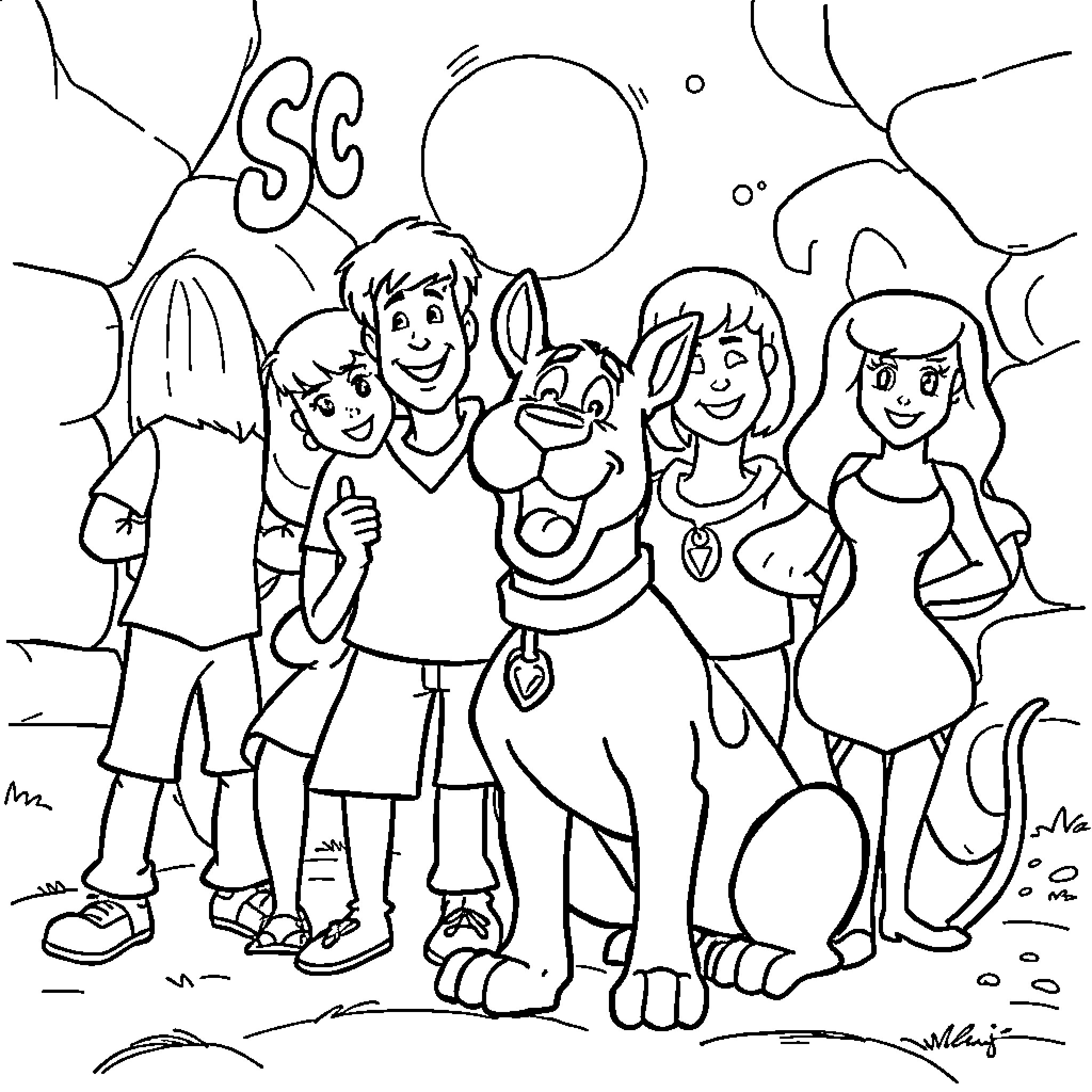 Scooby Doo and friends exploring the outdoors Coloring Page (free black-and-white line drawing printable PDF for all, from beginners to advanced learners, including children, teens, adults, and seniors)