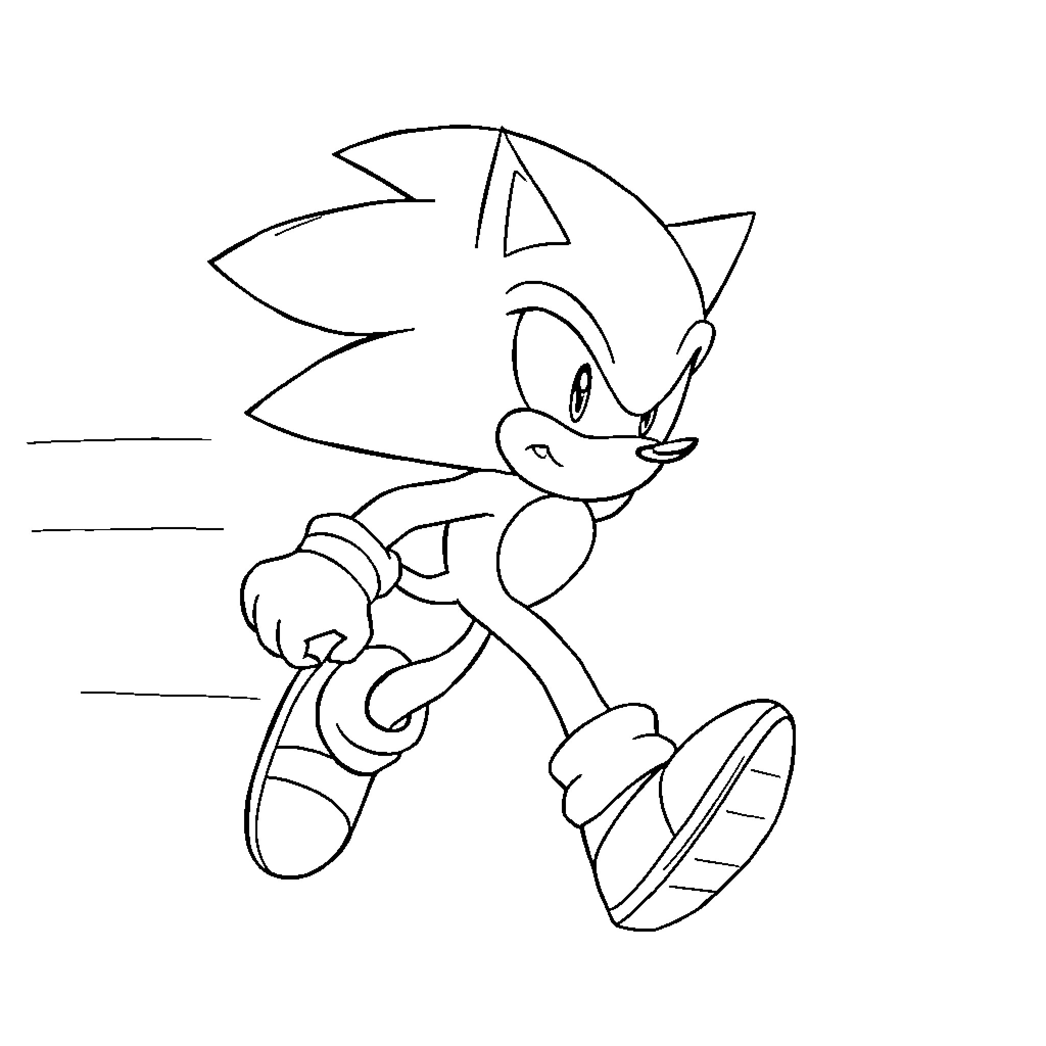 Sonic running in a dynamic pose Coloring Page (free black-and-white line drawing printable PDF for all, from beginners to advanced learners, including children, teens, adults, and seniors)