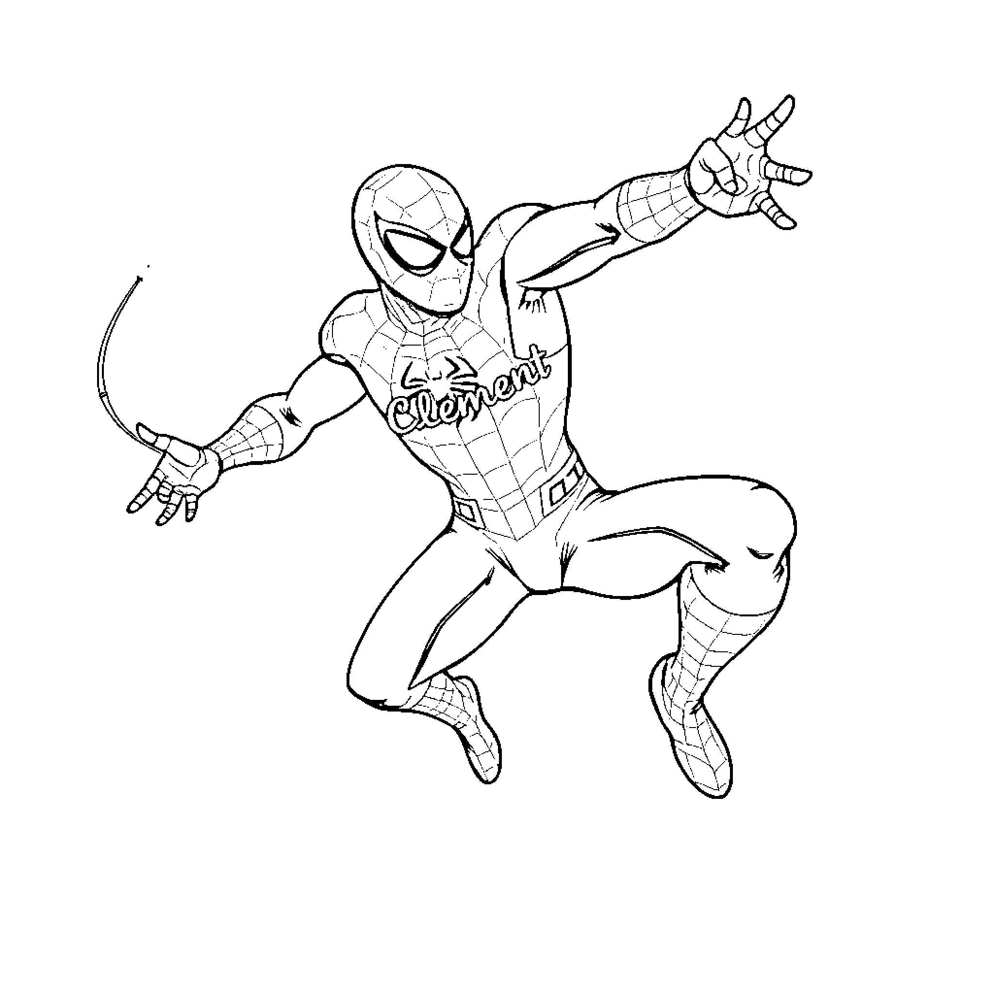 Spiderman jumping in action pose Coloring Page (free black-and-white line drawing printable PDF for all, from beginners to advanced learners, including children, teens, adults, and seniors)