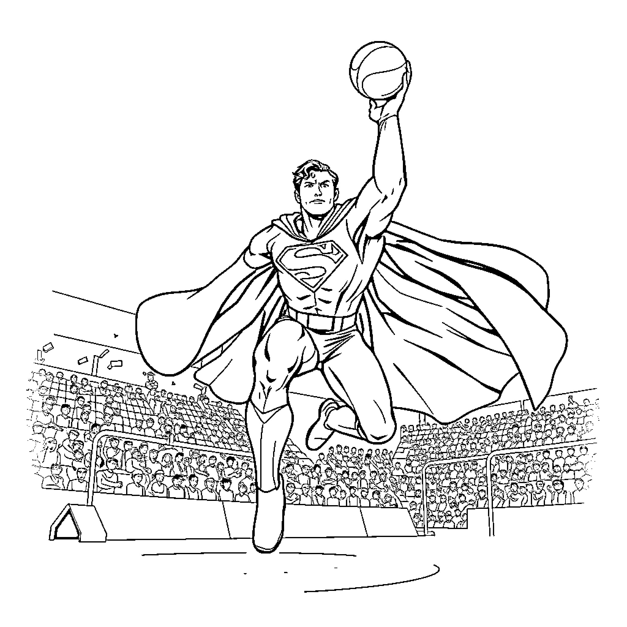Superman performing heroic feat in stadium Coloring Page (free black-and-white line drawing printable PDF for all, from beginners to advanced learners, including children, teens, adults, and seniors)