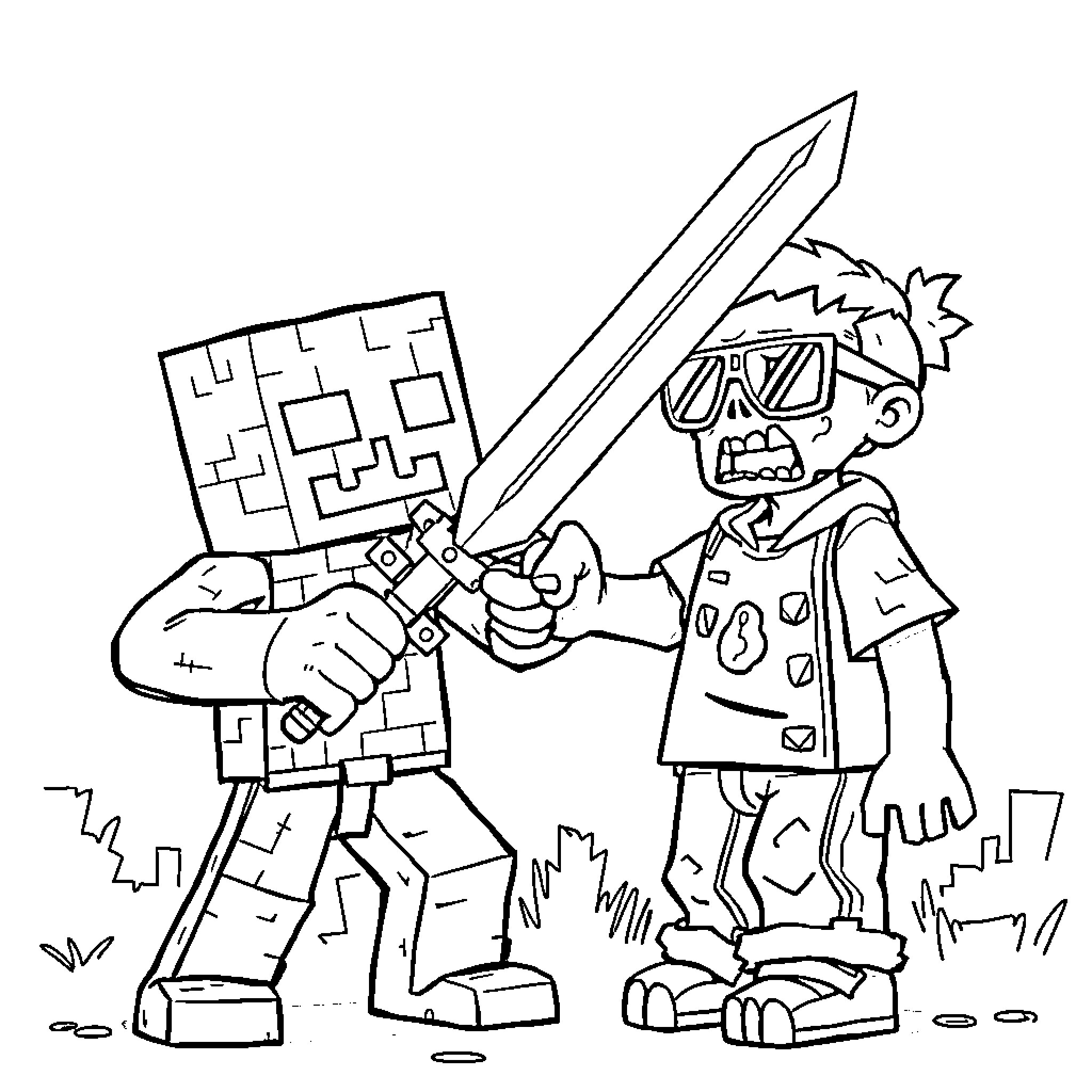 Creeper and warrior fighting with swords in the wild Coloring Page (free black-and-white line drawing printable PDF for all, from beginners to advanced learners, including children, teens, adults, and seniors)