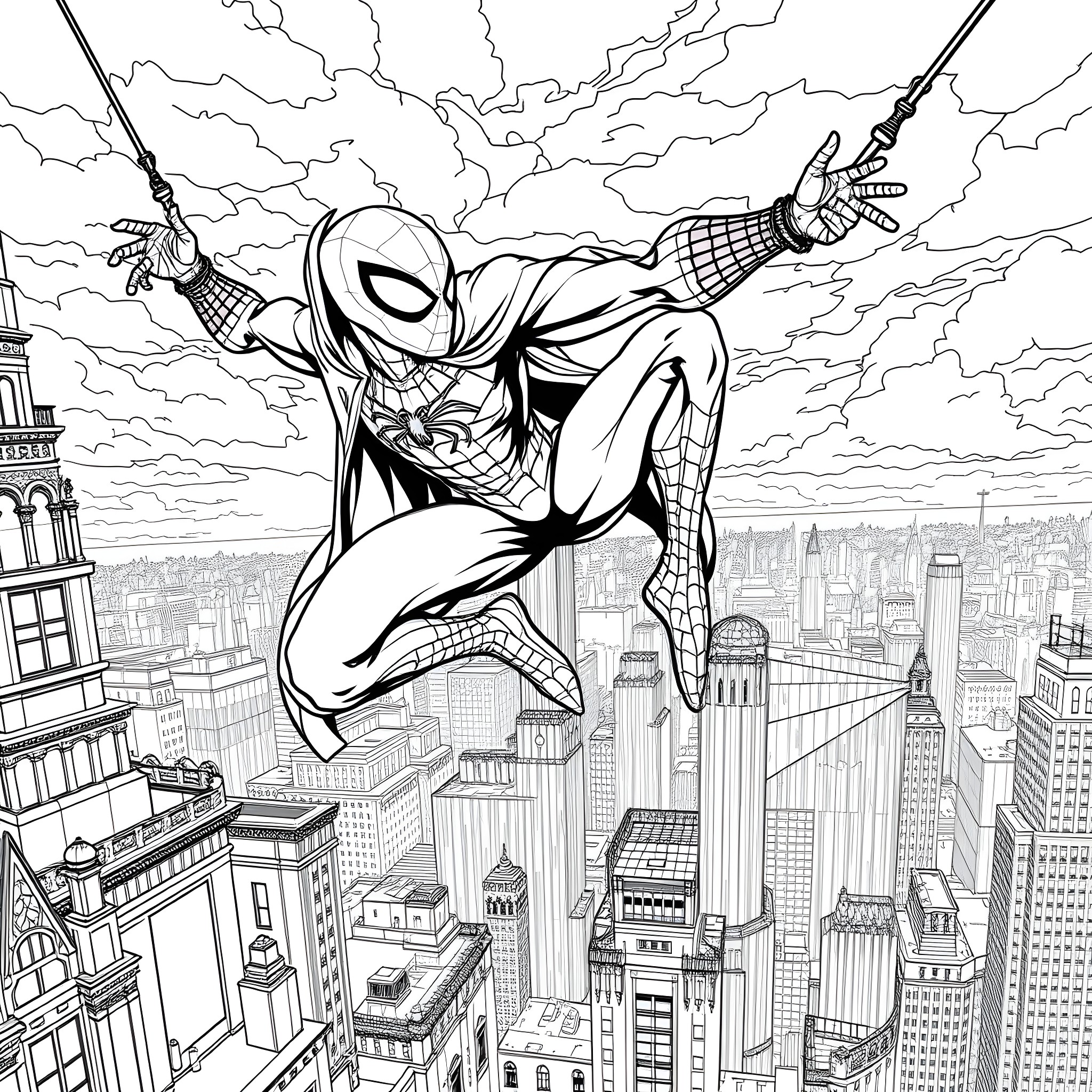 Goblin-like superhero swinging through the city Coloring Page (free black-and-white line drawing printable PDF for all, from beginners to advanced learners, including children, teens, adults, and seniors)