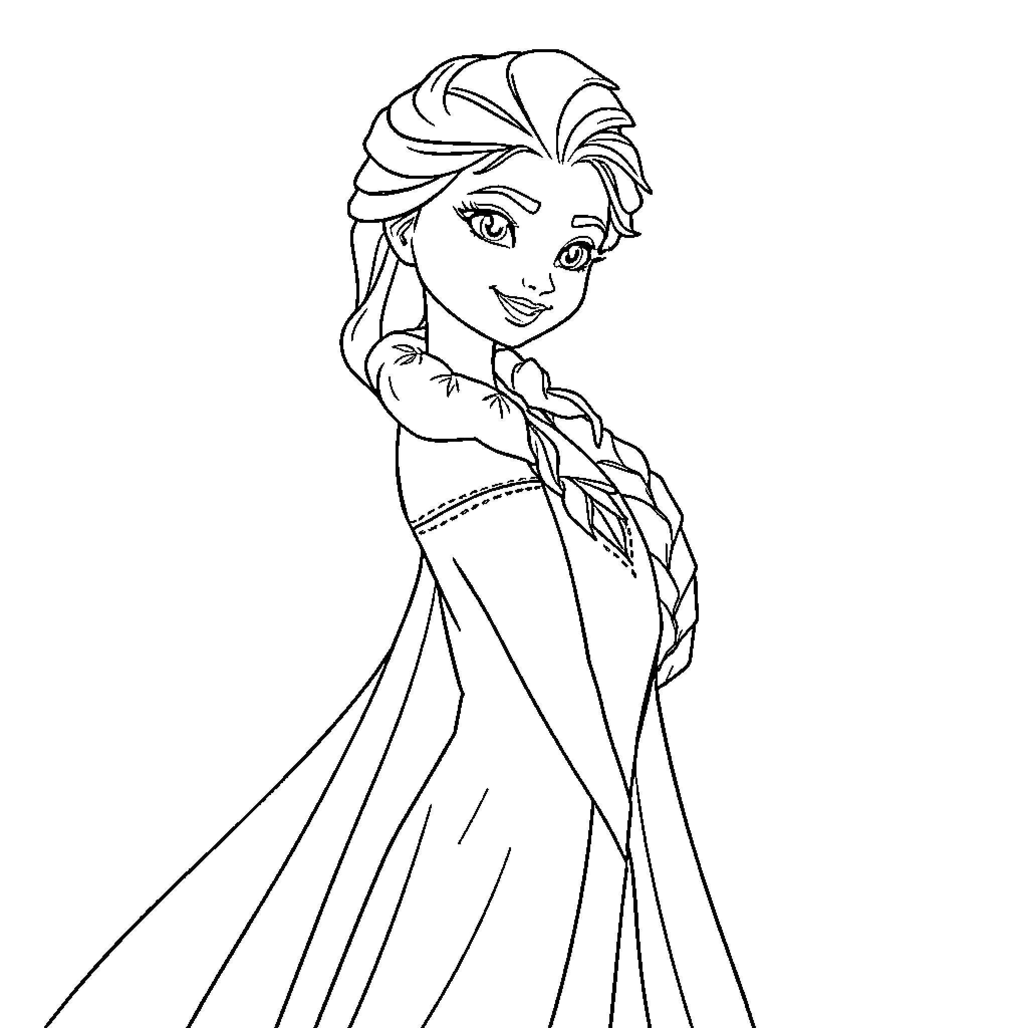 Elsa's Frozen Expression and Flowing Dress Coloring Page (free black-and-white line drawing printable PDF for all, from beginners to advanced learners, including children, teens, adults, and seniors)