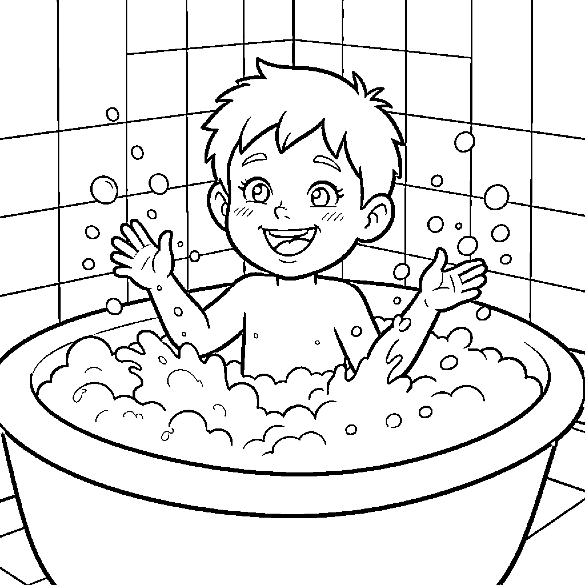 Boy enjoying a bubbly bath Coloring Page (free black-and-white line drawing printable PDF for all, from beginners to advanced learners, including children, teens, adults, and seniors)