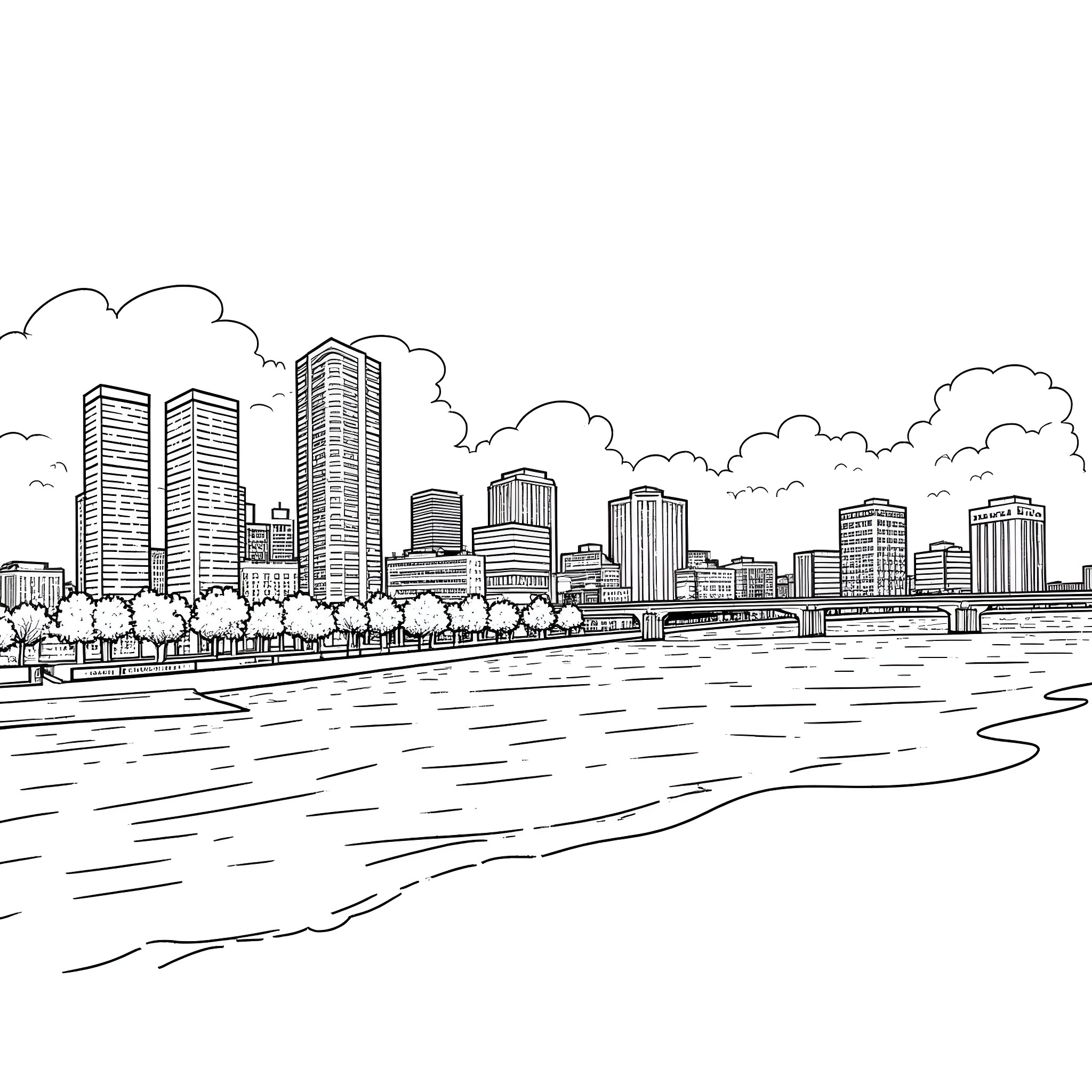 Jacksonville skyline on the riverfront Coloring Page (free black-and-white line drawing printable PDF for all, from beginners to advanced learners, including children, teens, adults, and seniors)