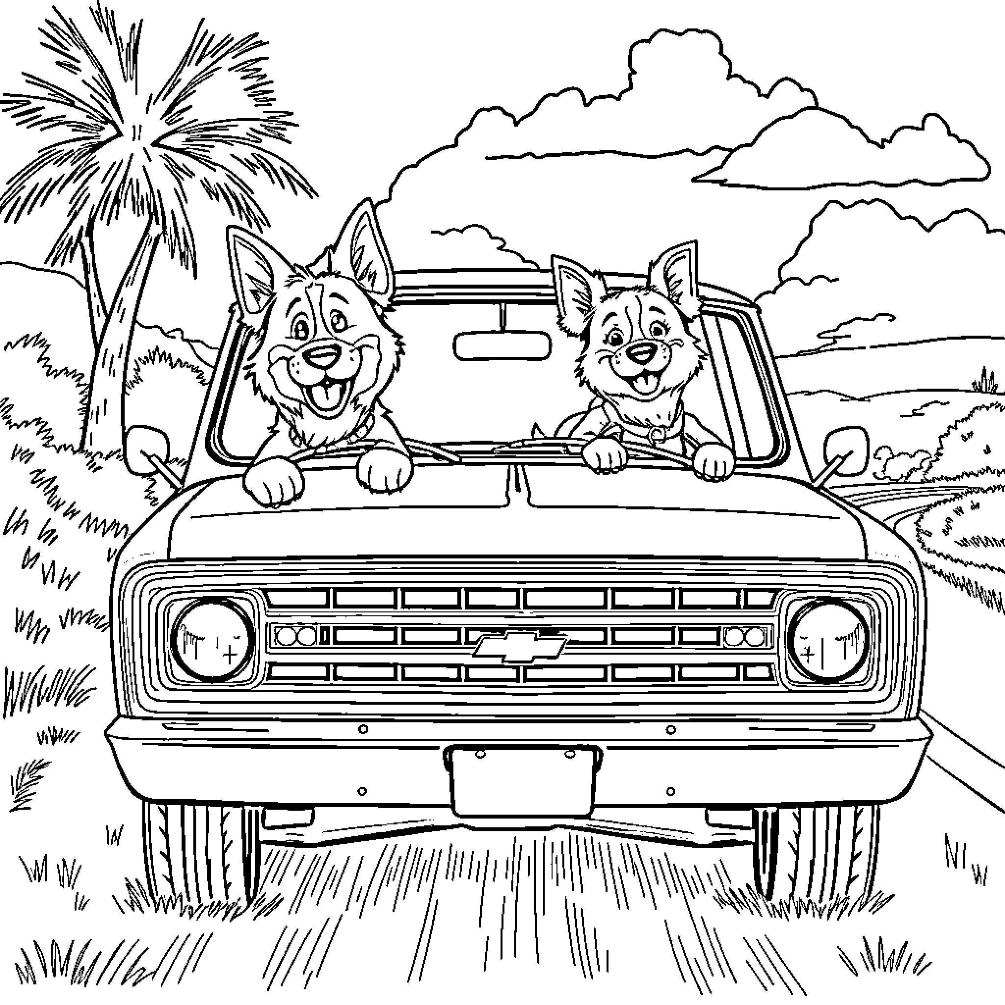 Bluey's Road Trip Adventure Coloring Page (free black-and-white line drawing printable PDF for all, from beginners to advanced learners, including children, teens, adults, and seniors)