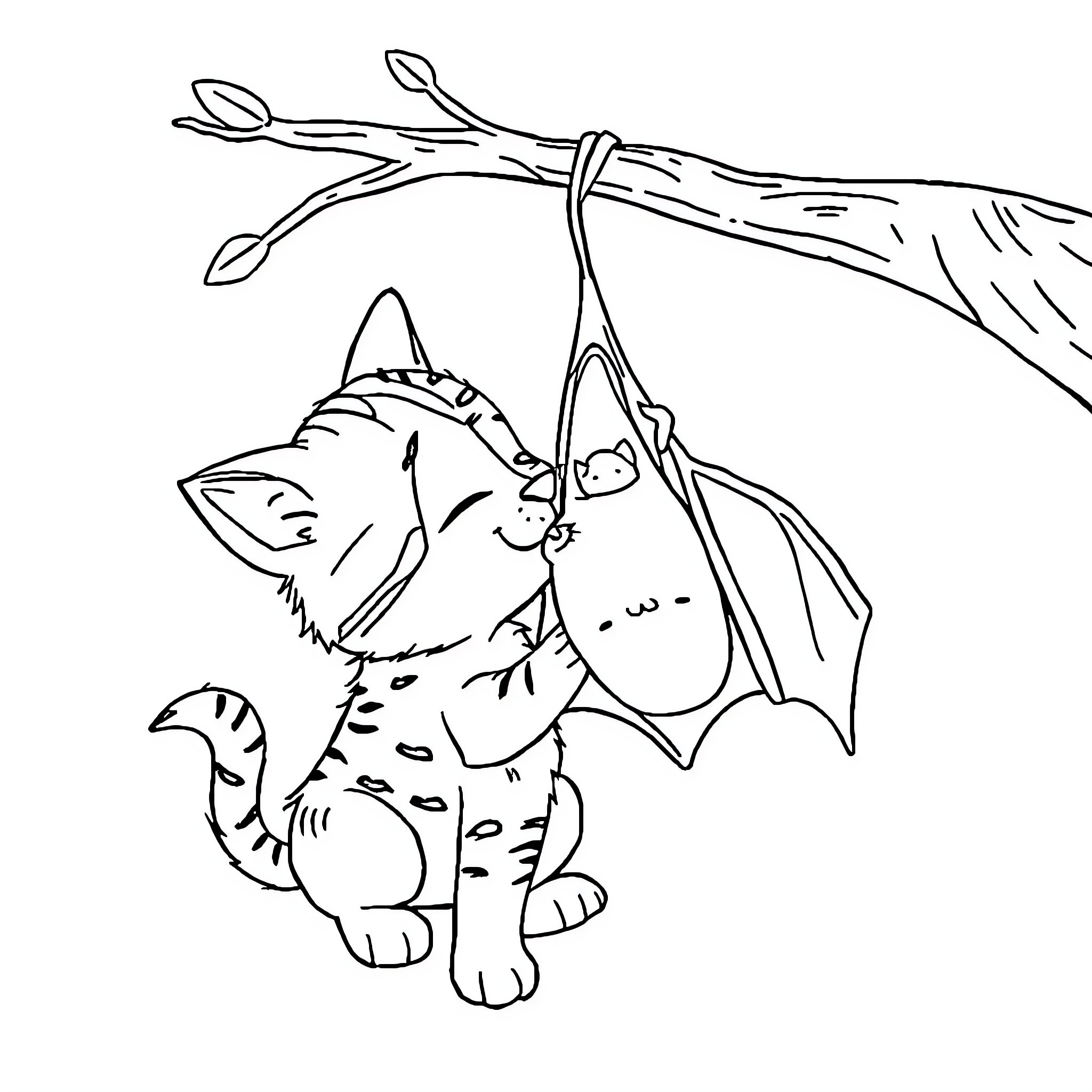 Cat-Dog Duo Hanging Out on Branch Coloring Page (free black-and-white line drawing printable PDF for all, from beginners to advanced learners, including children, teens, adults, and seniors)