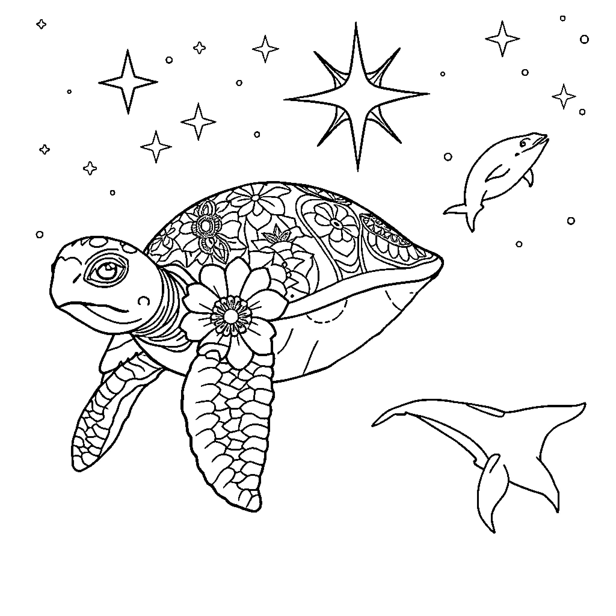 Sea Turtle swimming among stars and dolphins Coloring Page (free black-and-white line drawing printable PDF for all, from beginners to advanced learners, including children, teens, adults, and seniors)