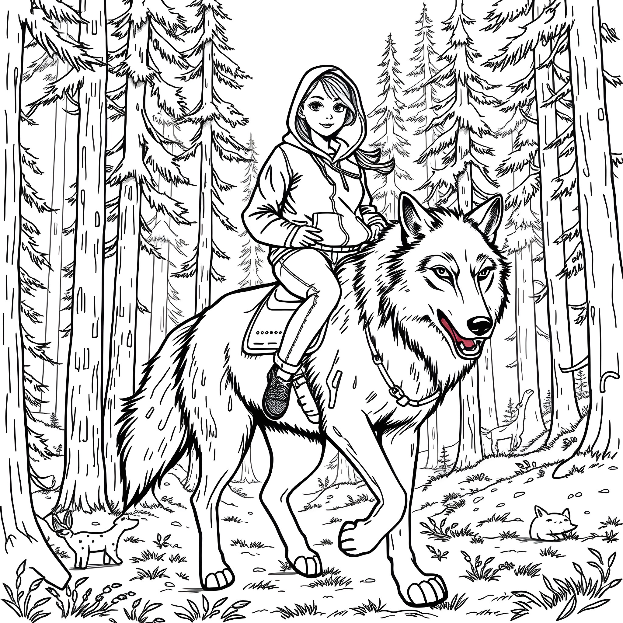 Teen Girl Riding a Majestic Wolf through the Enchanted Forest Coloring Page (free black-and-white line drawing printable PDF for all, from beginners to advanced learners, including children, teens, adults, and seniors)