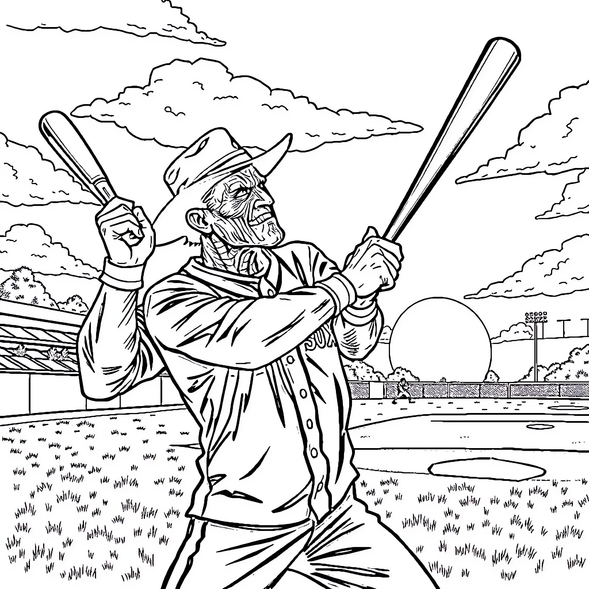 Freddy Kruger playing baseball in a haunting scene Coloring Page (free black-and-white line drawing printable PDF for all, from beginners to advanced learners, including children, teens, adults, and seniors)