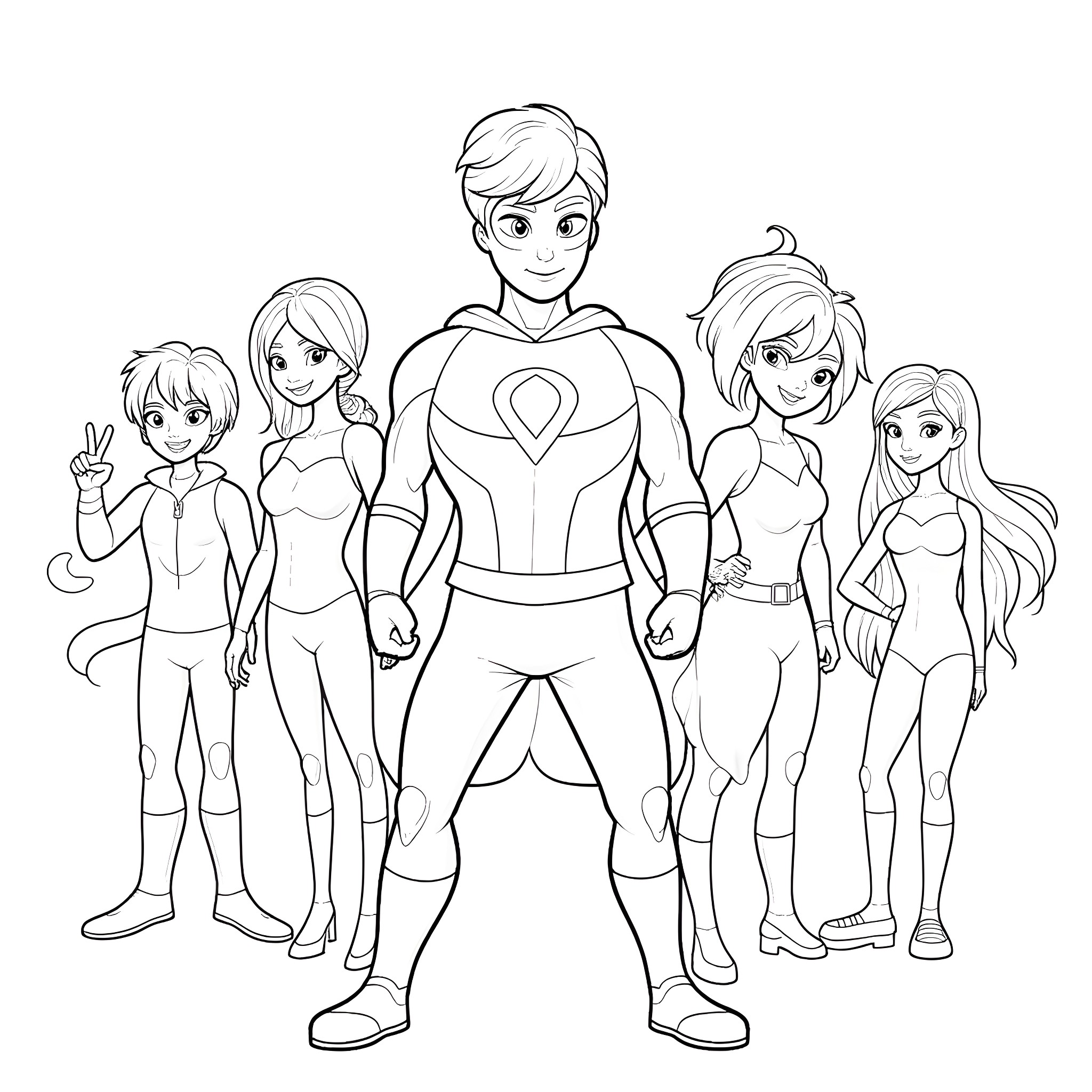 Captain Planet and his Eco-Warrior Team Coloring Page (free black-and-white line drawing printable PDF for all, from beginners to advanced learners, including children, teens, adults, and seniors)