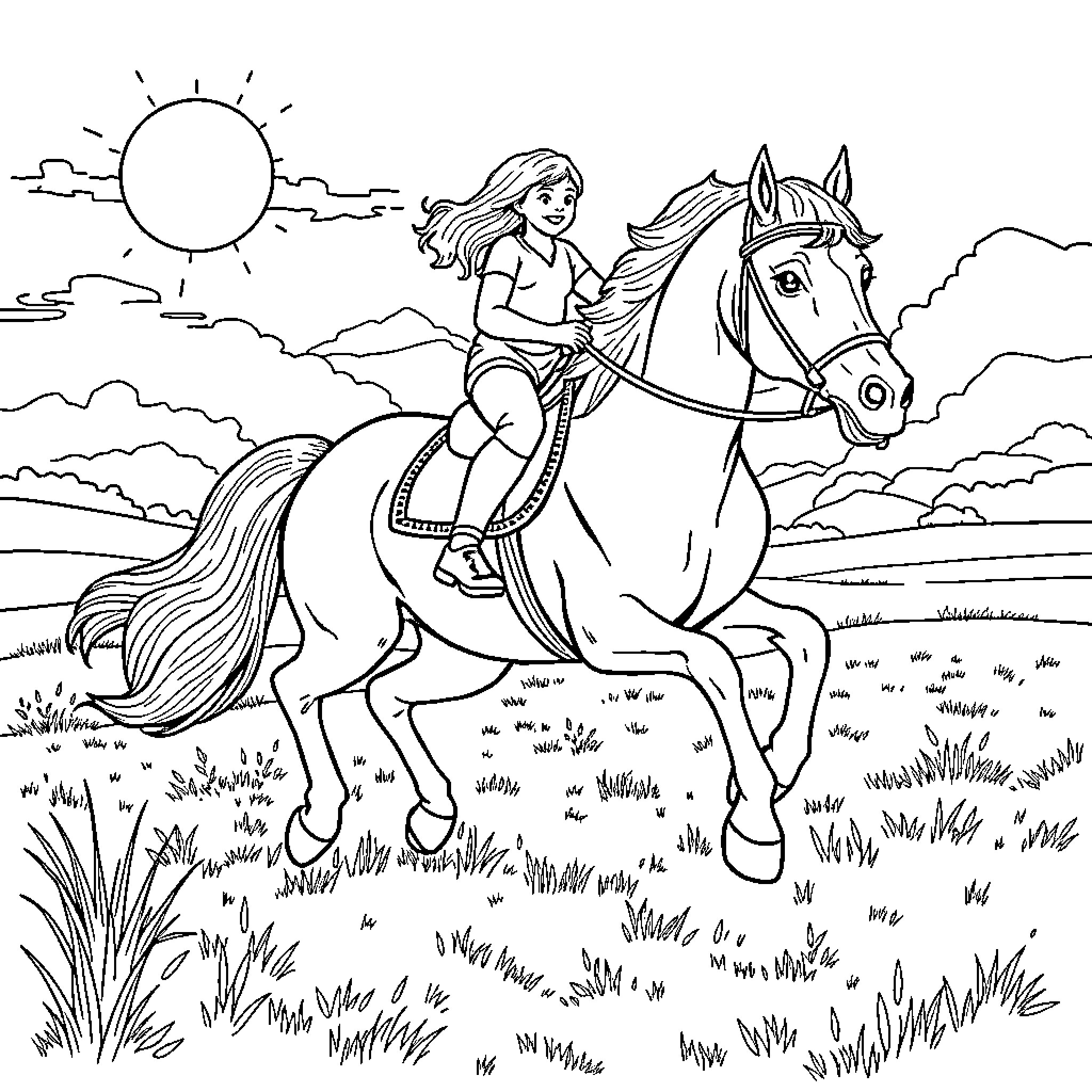 Shire Horse Rider Enjoying Peaceful Countryside Scenery Coloring Page (free black-and-white line drawing printable PDF for all, from beginners to advanced learners, including children, teens, adults, and seniors)