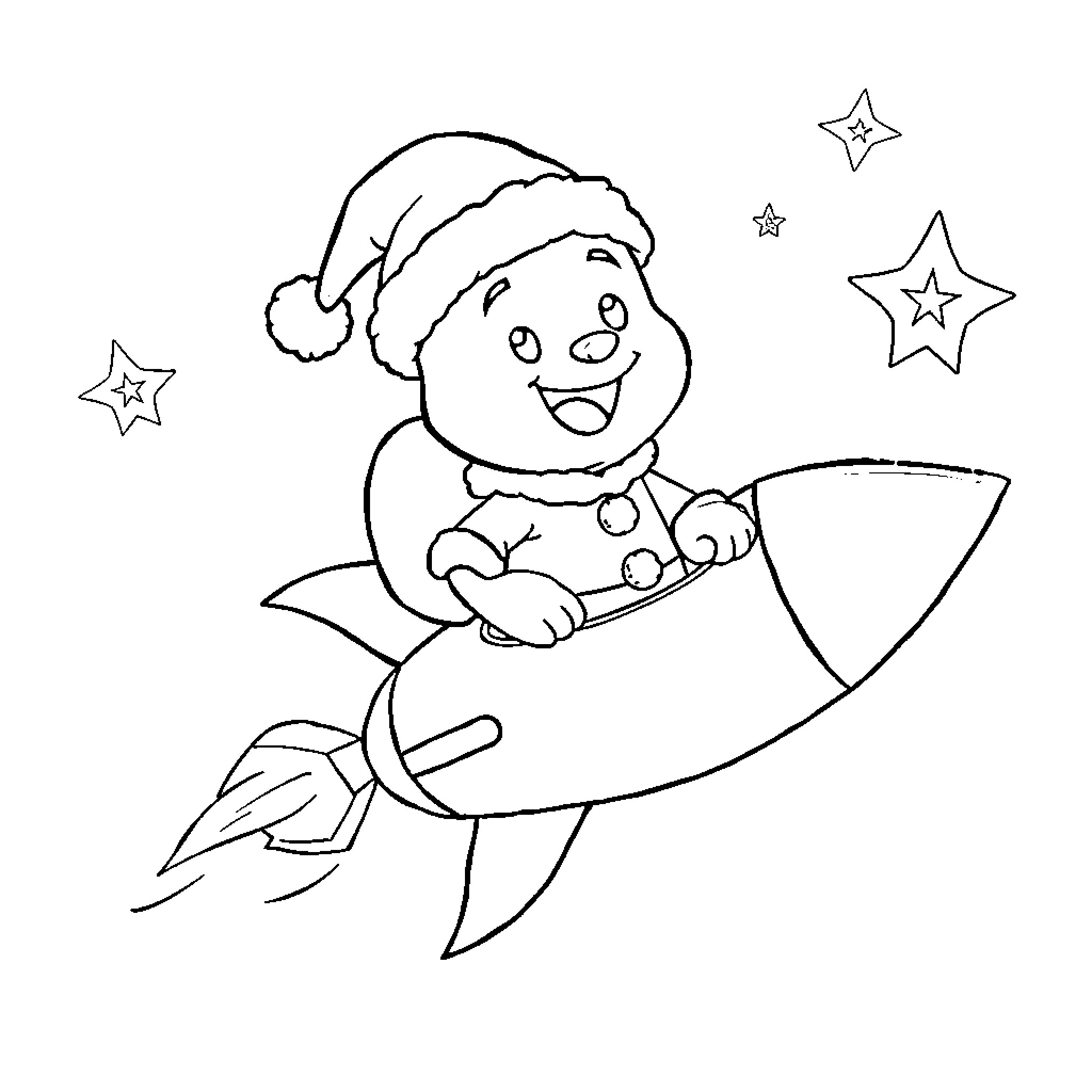 Bluey riding a rocket to the stars Coloring Page (free black-and-white line drawing printable PDF for all, from beginners to advanced learners, including children, teens, adults, and seniors)