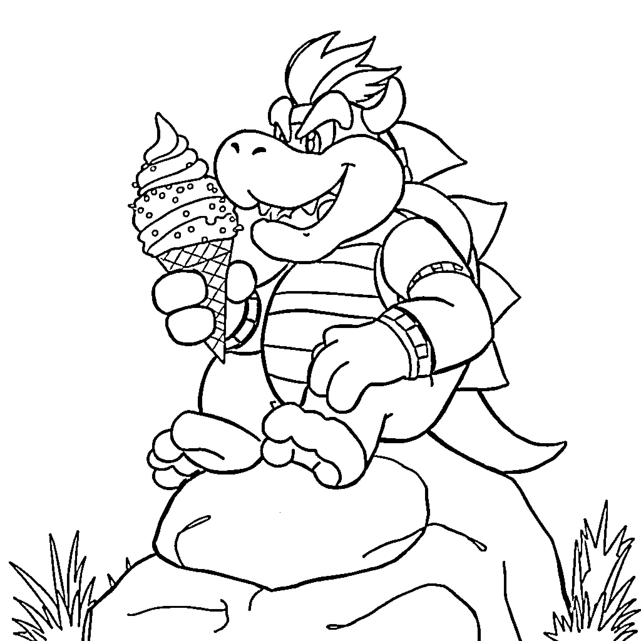 Bowser enjoying an ice cream cone Coloring Page (free black-and-white line drawing printable PDF for all, from beginners to advanced learners, including children, teens, adults, and seniors)