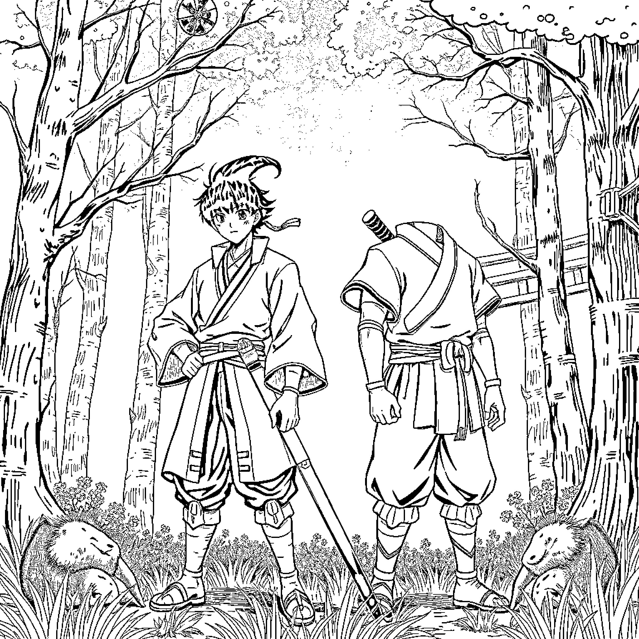 Tomioka: Two Samurai Companions in the Forest Coloring Page (free black-and-white line drawing printable PDF for all, from beginners to advanced learners, including children, teens, adults, and seniors)