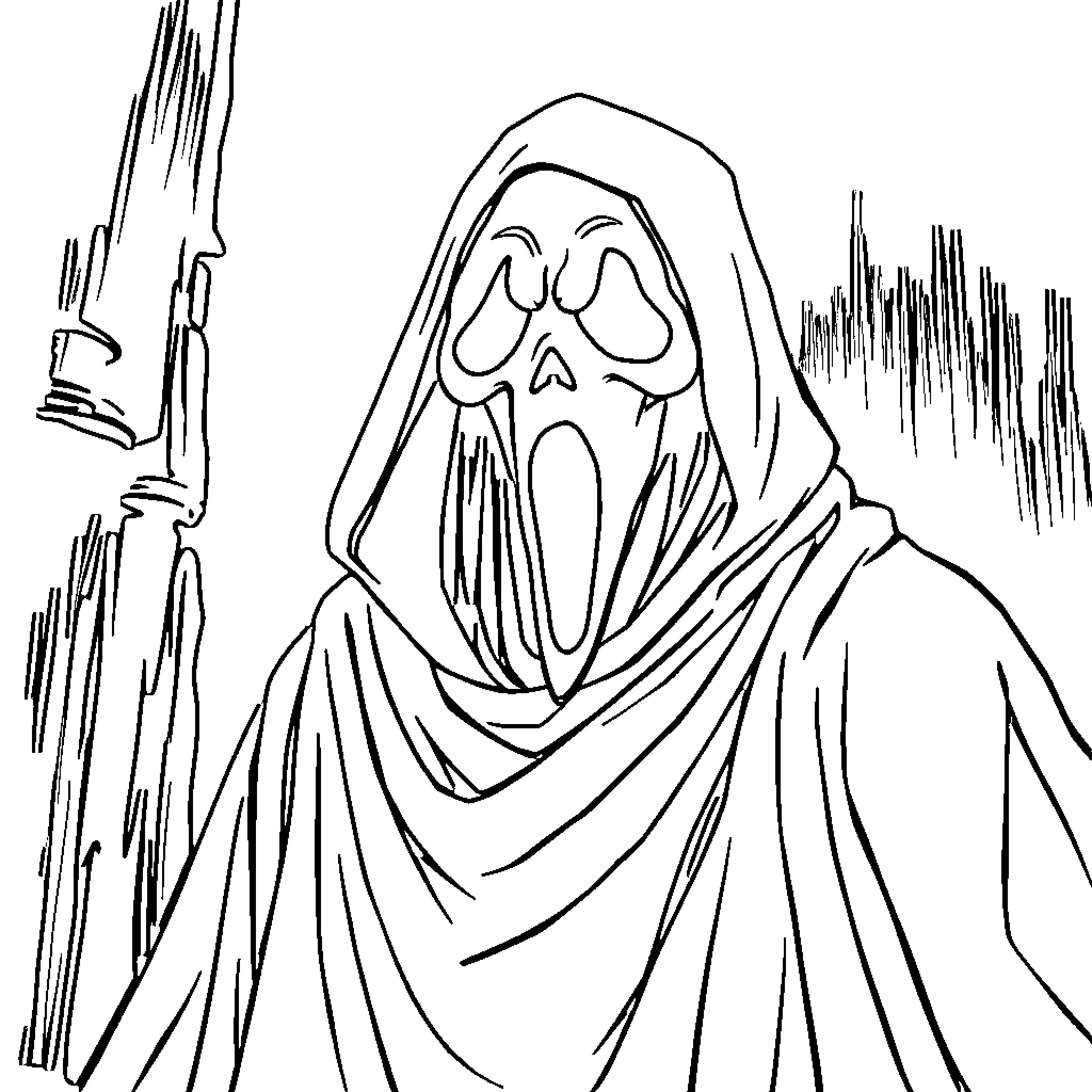 Ghostface in Haunting Presence Coloring Page (free black-and-white line drawing printable PDF for all, from beginners to advanced learners, including children, teens, adults, and seniors)