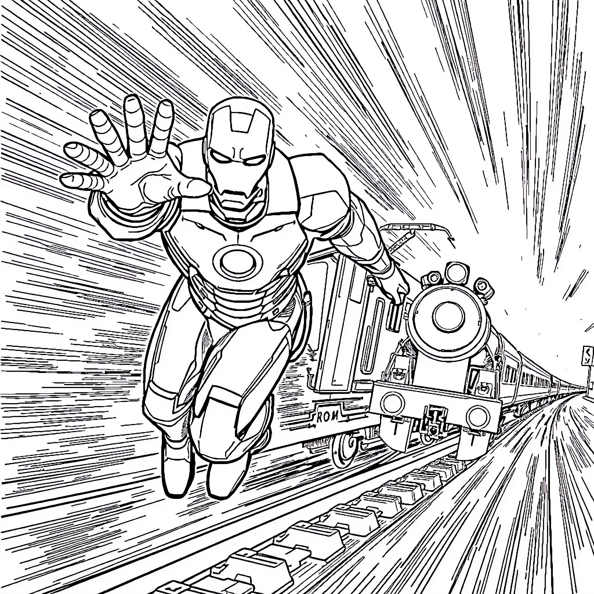Iron Man's Heroic Train Pursuit Coloring Page (free black-and-white line drawing printable PDF for all, from beginners to advanced learners, including children, teens, adults, and seniors)