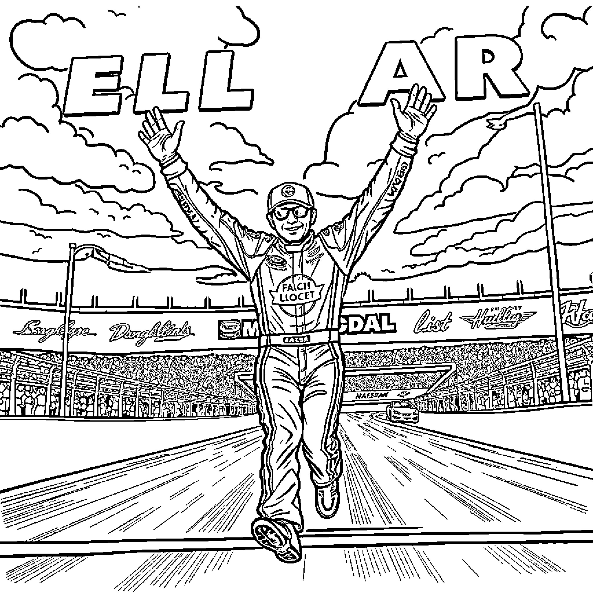 Chase Elliot celebrating victory at the race track Coloring Page (free black-and-white line drawing printable PDF for all, from beginners to advanced learners, including children, teens, adults, and seniors)