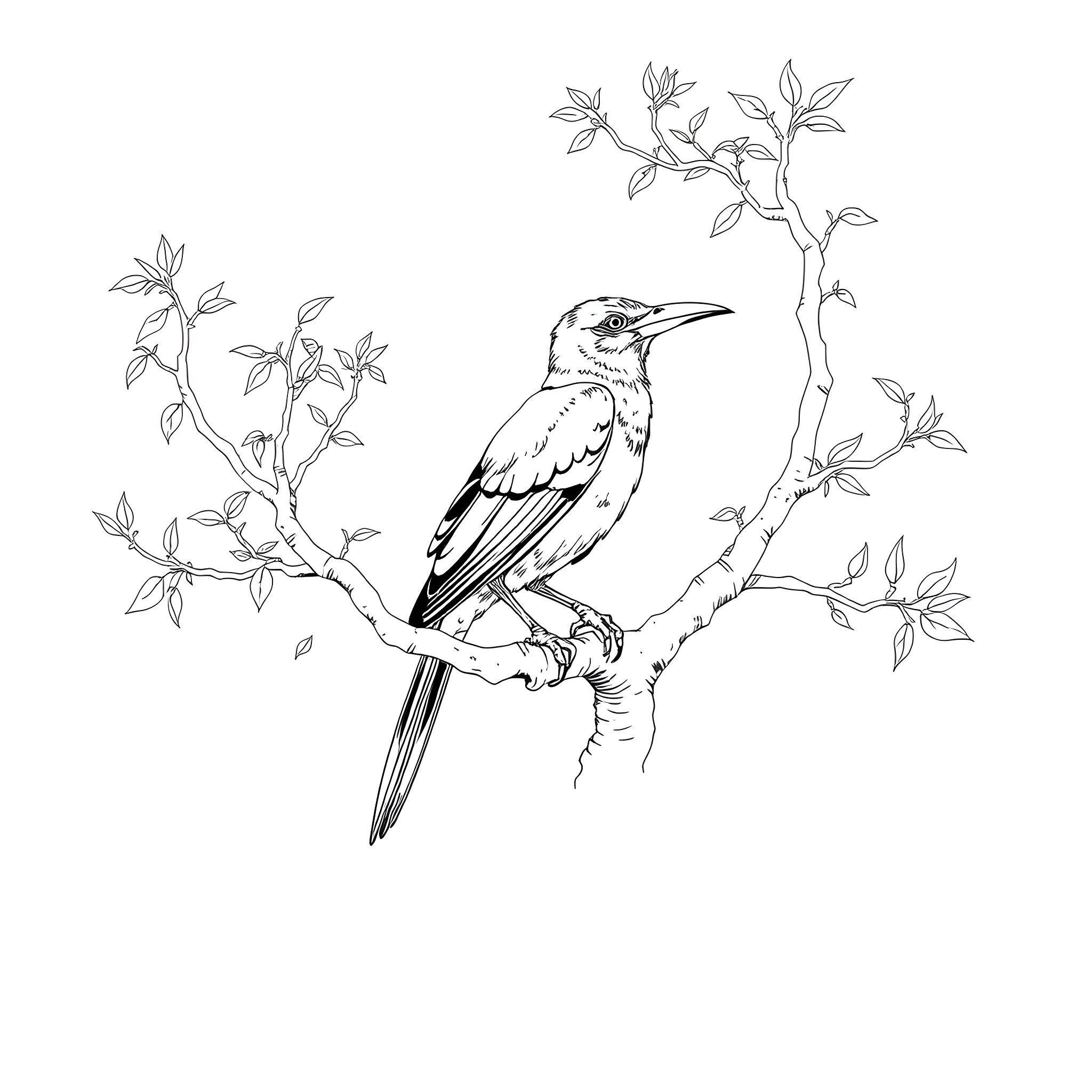 Cyanocorax Yncas perched on a tree branch Coloring Page (free black-and-white line drawing printable PDF for all, from beginners to advanced learners, including children, teens, adults, and seniors)