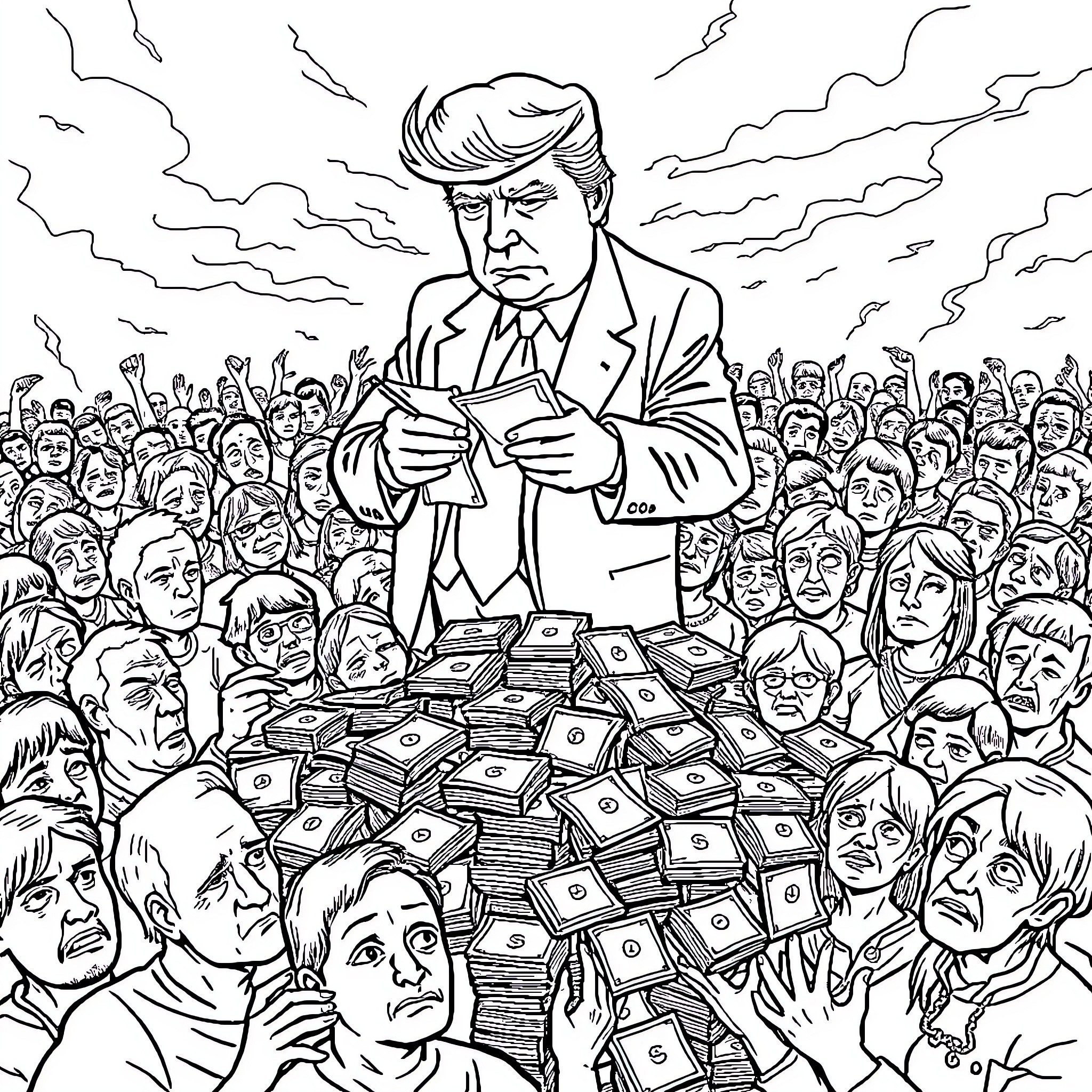 Donald Trump addressing a crowd surrounded by piles of money Coloring Page (free black-and-white line drawing printable PDF for all, from beginners to advanced learners, including children, teens, adults, and seniors)