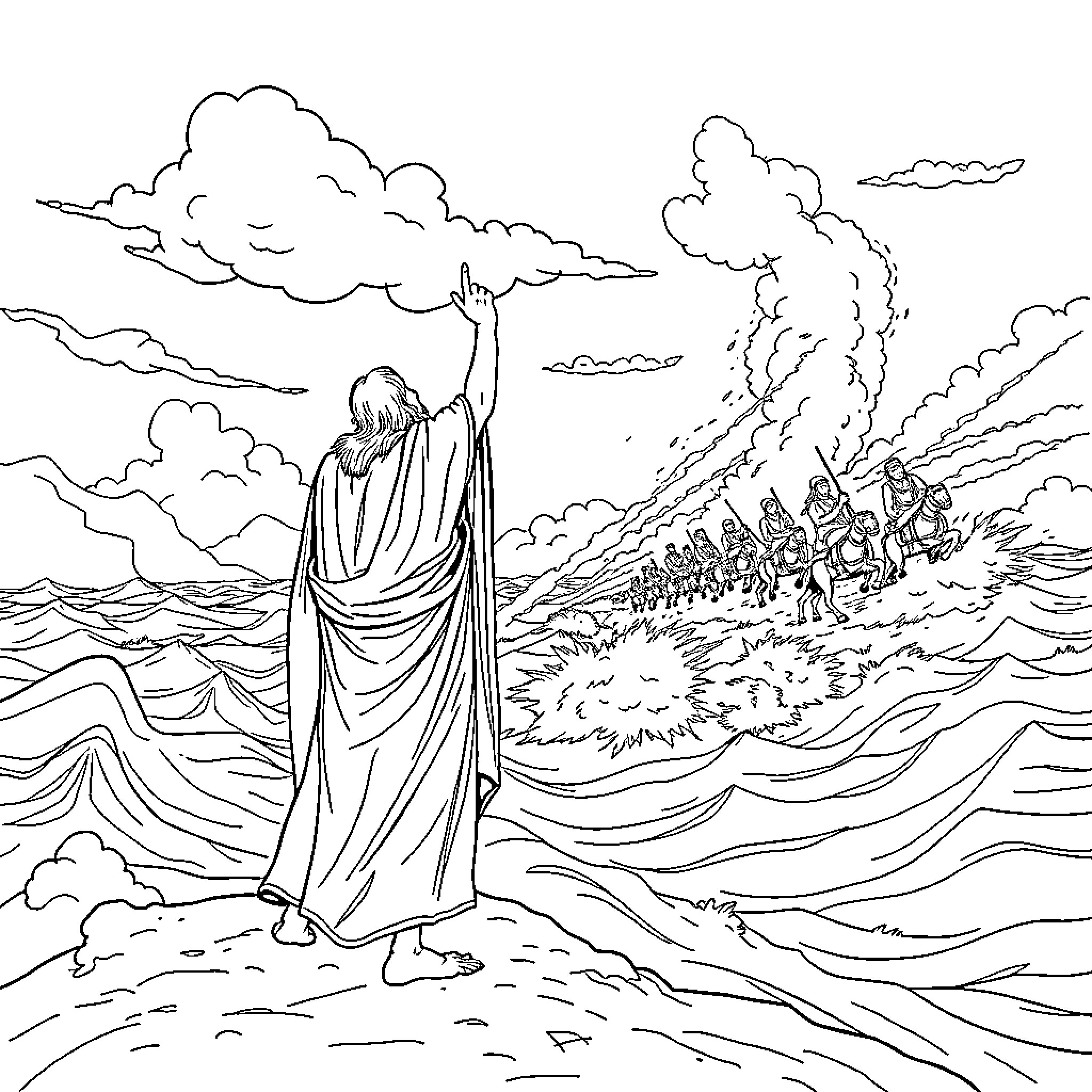 Moses Parts the Red Sea with Israelites in Exodus Coloring Page (free black-and-white line drawing printable PDF for all, from beginners to advanced learners, including children, teens, adults, and seniors)