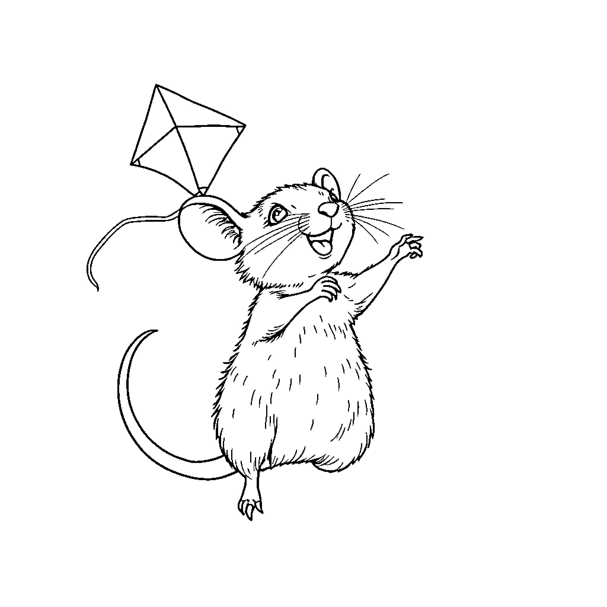 Rat flying kite with glee Coloring Page (free black-and-white line drawing printable PDF for all, from beginners to advanced learners, including children, teens, adults, and seniors)
