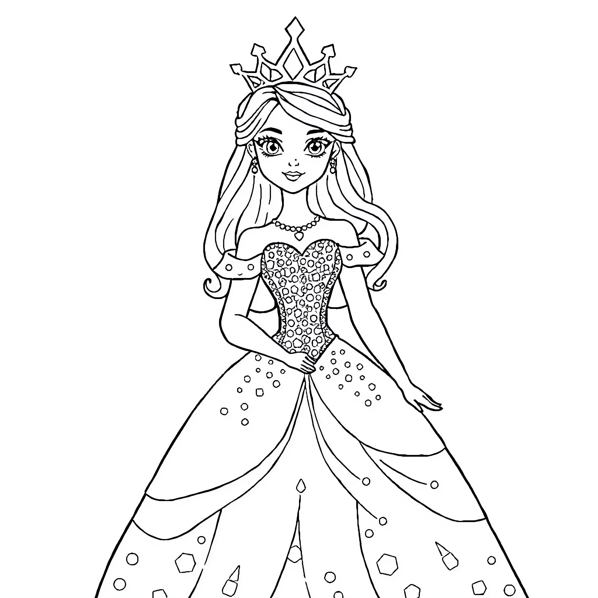 Princess in Elegant Gown and Crown Coloring Page (free black-and-white line drawing printable PDF for all, from beginners to advanced learners, including children, teens, adults, and seniors)