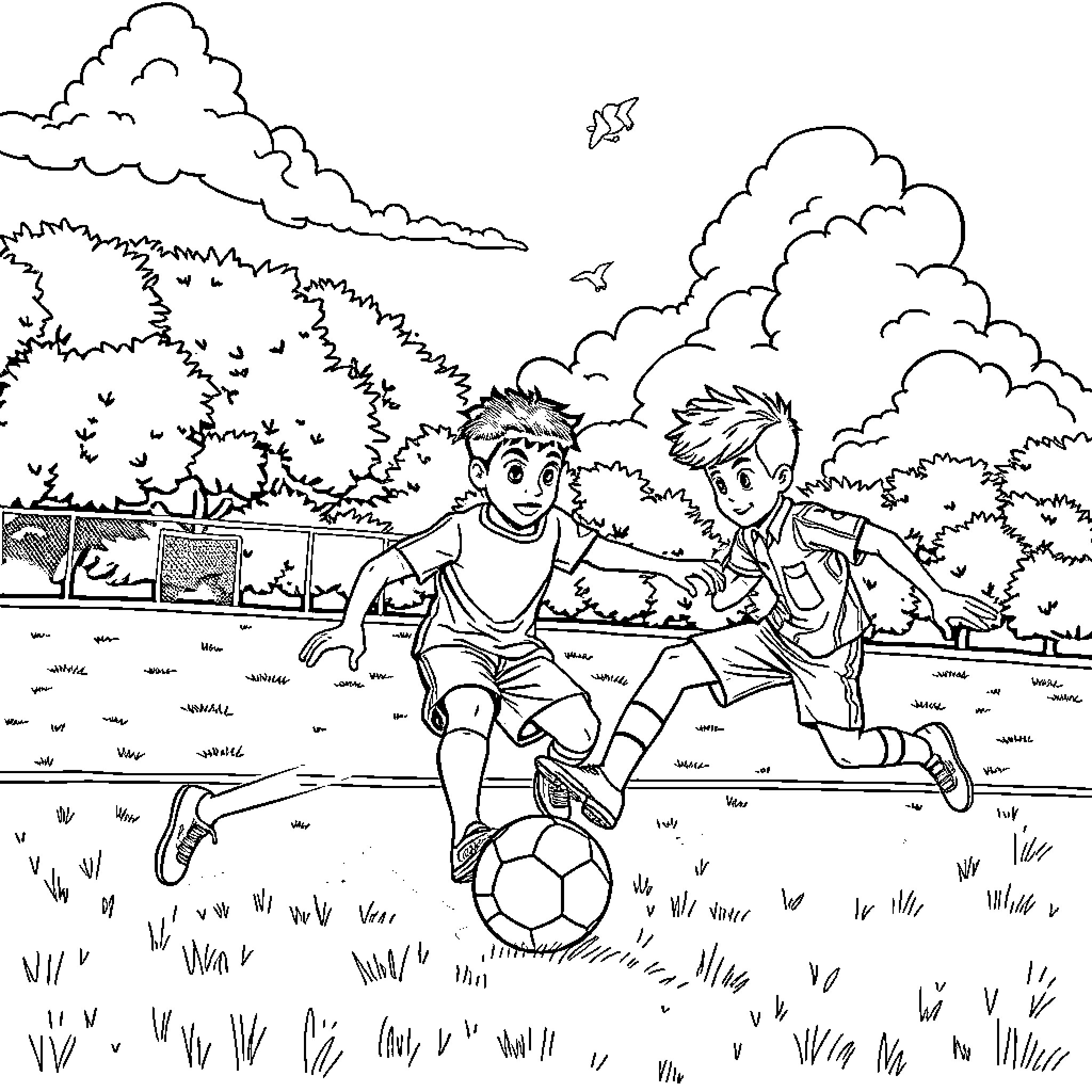 Sajaboys playing soccer in the park Coloring Page (free black-and-white line drawing printable PDF for all, from beginners to advanced learners, including children, teens, adults, and seniors)