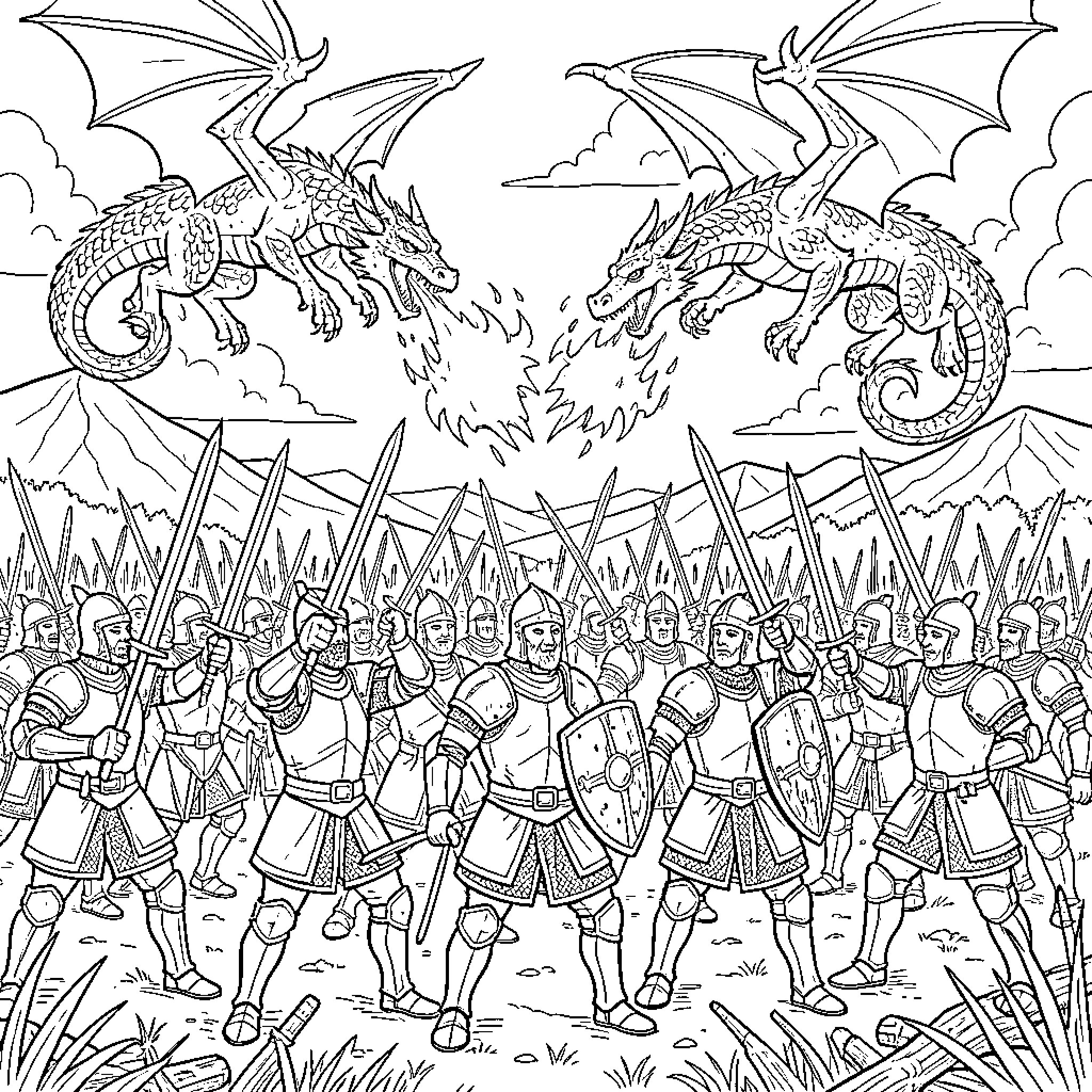 Knight facing two dragons in a dramatic battle scene Coloring Page (free black-and-white line drawing printable PDF for all, from beginners to advanced learners, including children, teens, adults, and seniors)